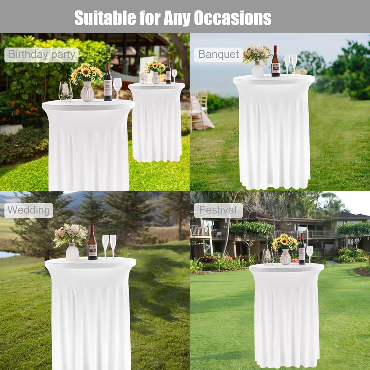 Fivenl Spandex Cocktail Table Skirt 32"x 43" White Stretch Cocktail Table Cover, Washable Round High Top Tablecloth for Bar, Wedding, Party, Events (White)