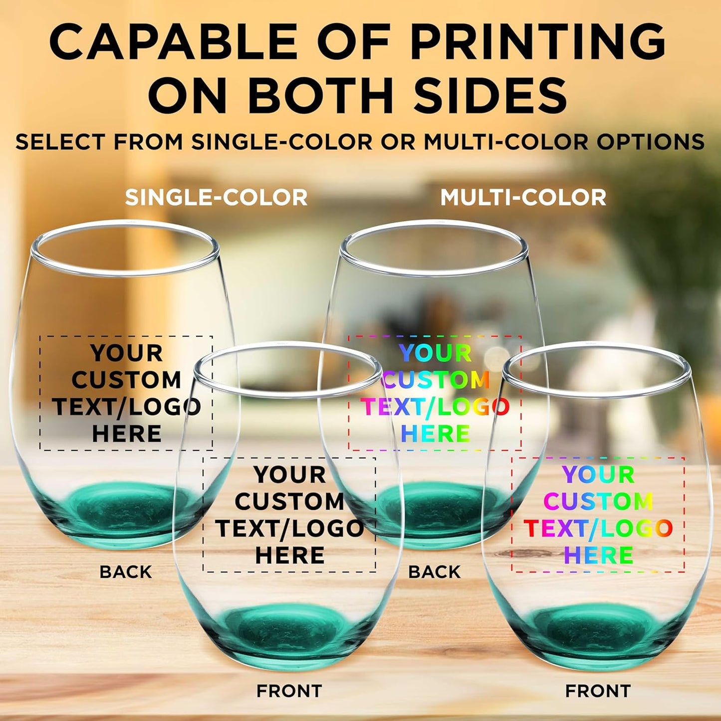 Custom Stemless Wine Glass 9 oz. Set of 50, Personalized Bulk Pack - Great for Wedding Favors, Bachelorette Party Decorations, Party Favors, Color Bottom - Green