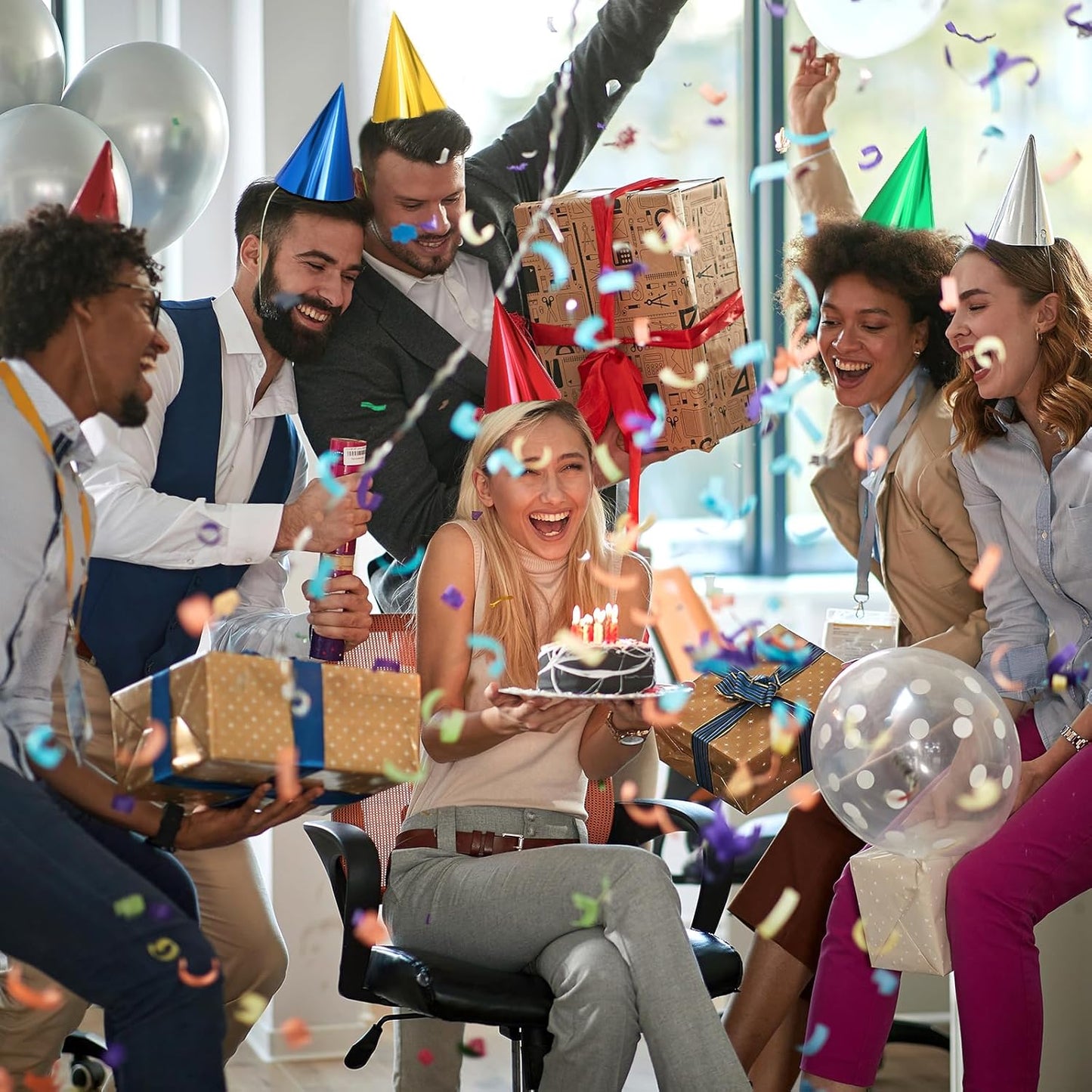 Sumind Colorful Birthday Party Hats Cone Hats for Adults Metallic Foil Cone Headwear