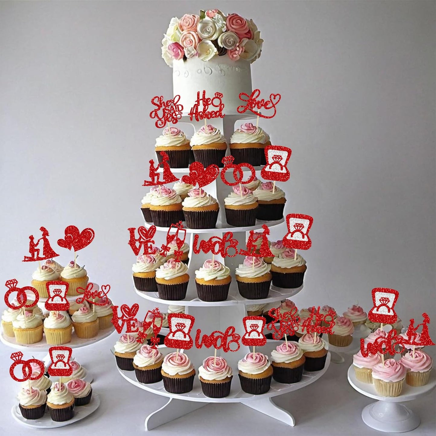Ephlyn 30Pcs He Asked She Said Yes Cupcake Toppers Glitter Engagement Cupcake Toppers Diamond Ring Heart Love I Do Cupcake Picks for Engagement Wedding Party Cake Decorations Red
