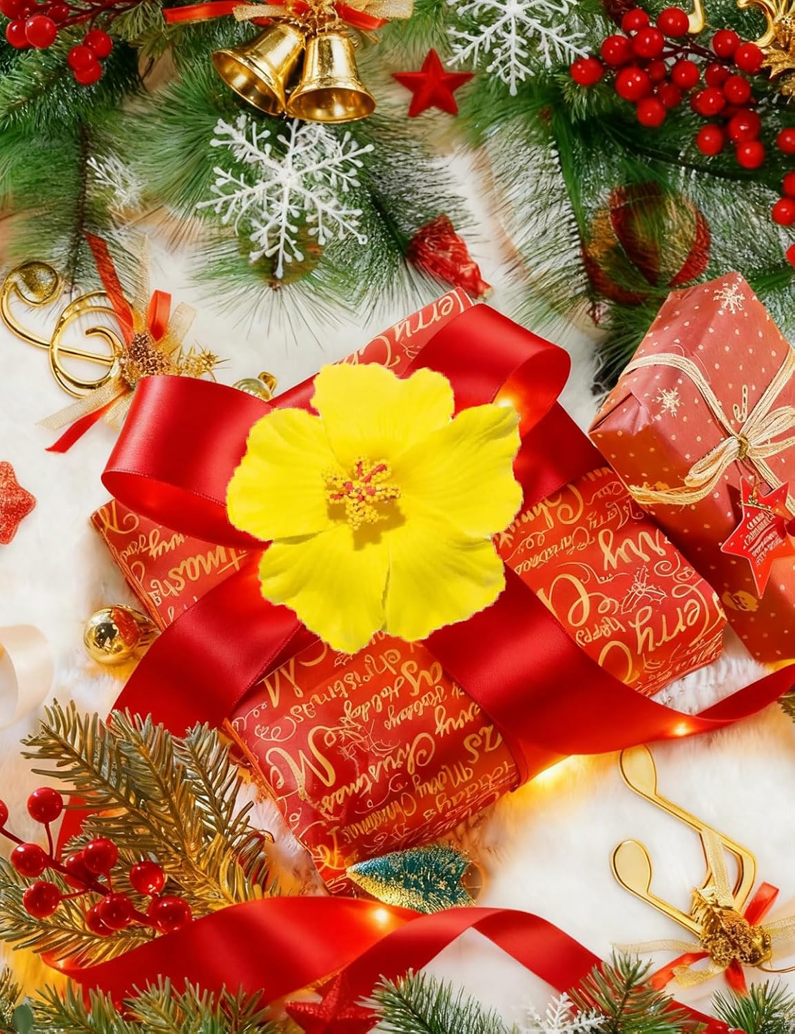 5 PCS Hawaiian Hibiscus Artificial Flowers for Christmas Tree Wreath DIY Ornaments 3.74 Inch Faux Flower for Wreath Garland New Year Party Wedding Home Party (5, Red Orange White Blue Green)