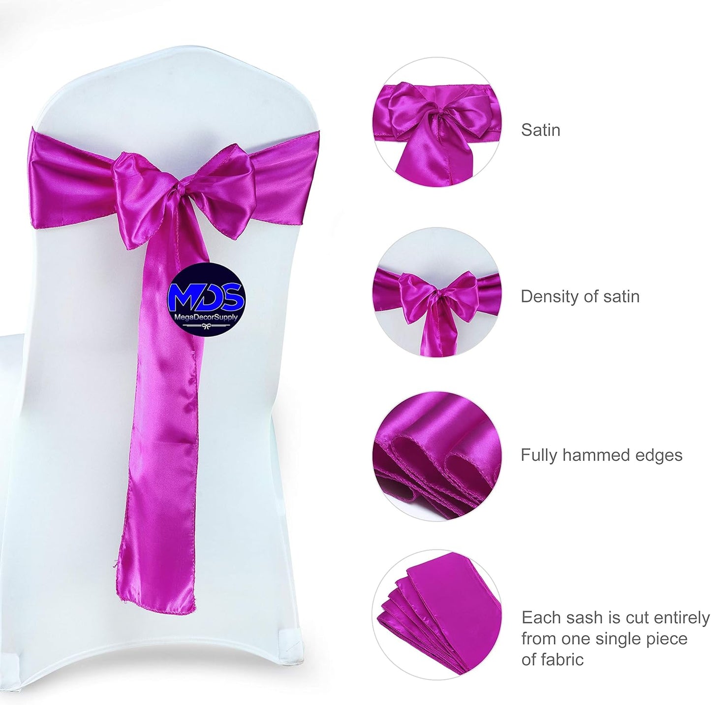 MDS Pack of 300 PCS Satin Chair Sashes Charmeuse Sateen Dining Chair Bows Ribbon Ties Back Sash for Wedding Party Birthday Home Hotel Restaurant Banquet Decoration (7 x 108 Inch, Magenta Violet)