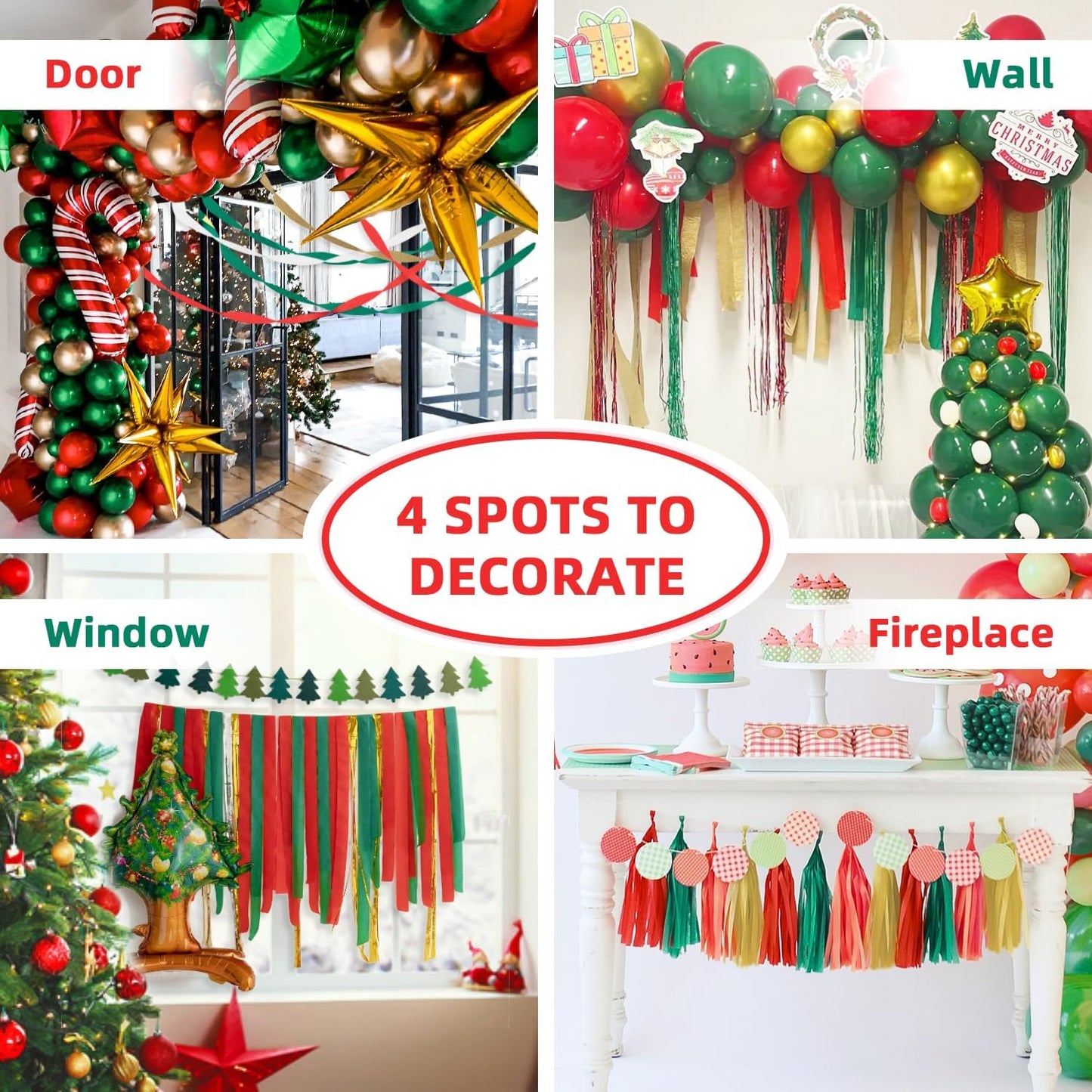 Crepe Paper Streamers 8 Rolls 656ft, Pack of Green, Red, Gold, White Party Streamers for Christmas Decorations, Streamers Party Decorations, Holiday Decorations Indoor (1.8 Inch x 82 Ft/Roll)