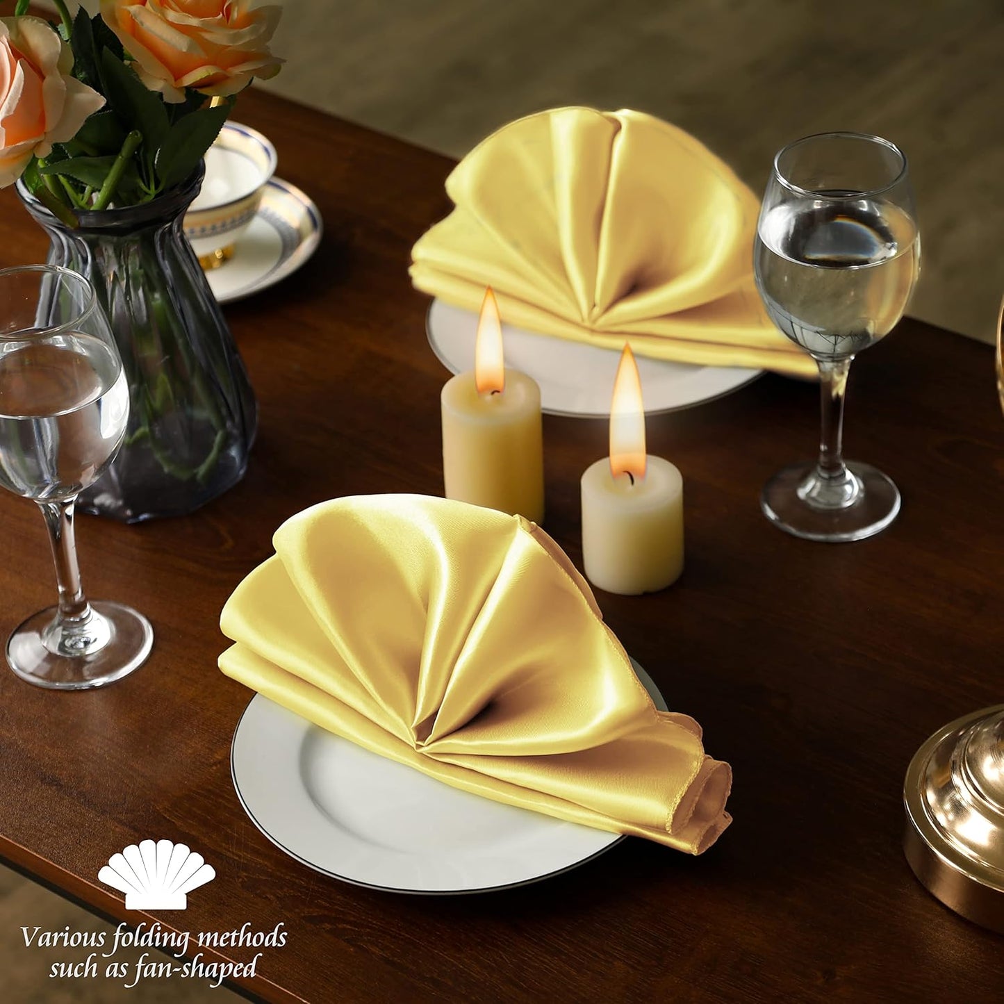 Manyshofu 50 Pieces Yellow Gold Satin Napkins - 12x12 Inches Cloth Napkins, Square Satin Fabric Napkin Set - Soft & Smooth Table Napkins for Wedding Dinner Party Lunch Banquet Restaurant Decoration