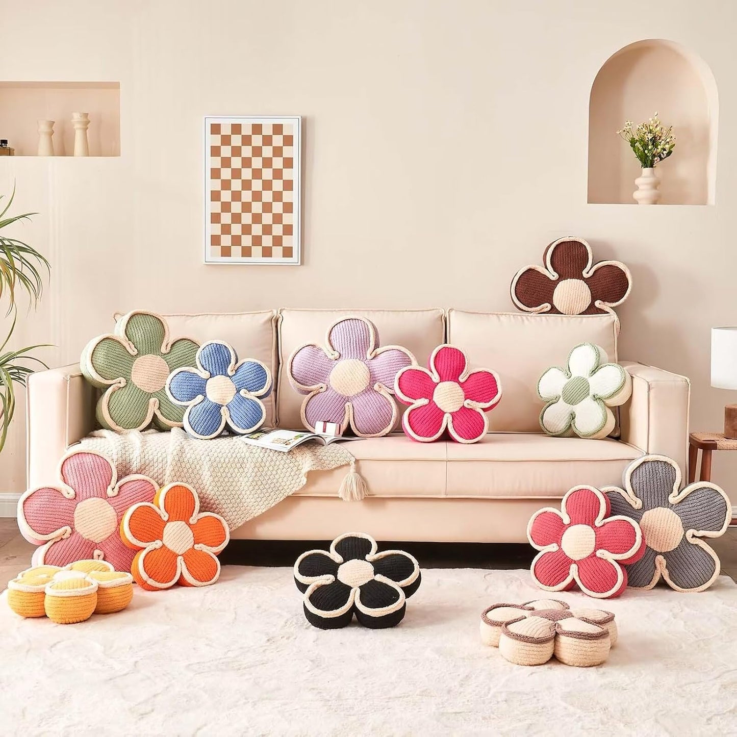 Soft Flower Shaped Floor Cushion, Decorative Throw Pillow, Plush Bedroom Seating Cushion, 13.7 Inch Brown Flower Decor Plush Pillow