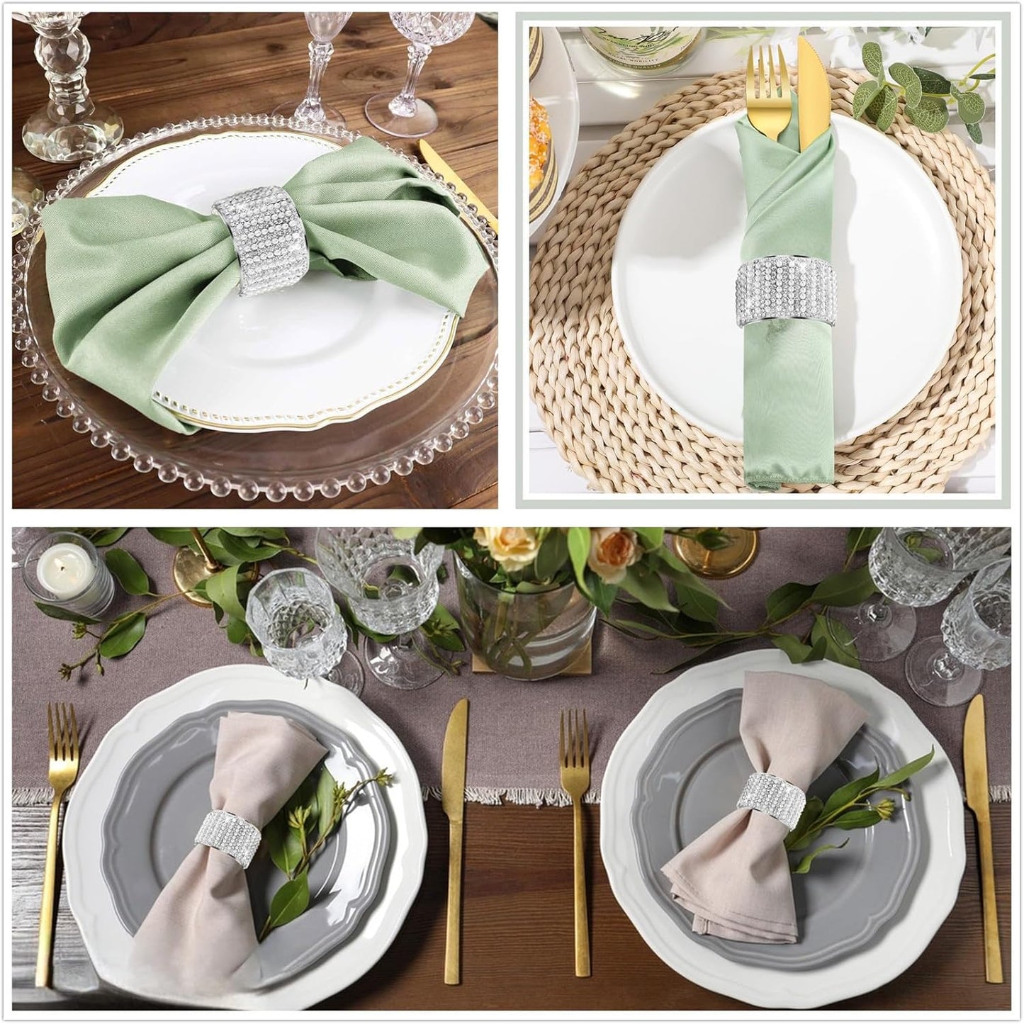 Diamond Pearls12cs Napkin Rings Rhinestone Crystal Glass Framed Napkin Holder Handmade Serviette Buckles for Christmas, Easter, Thanksgiving Day Wedding Banquet Home Party Decoration Dining Table