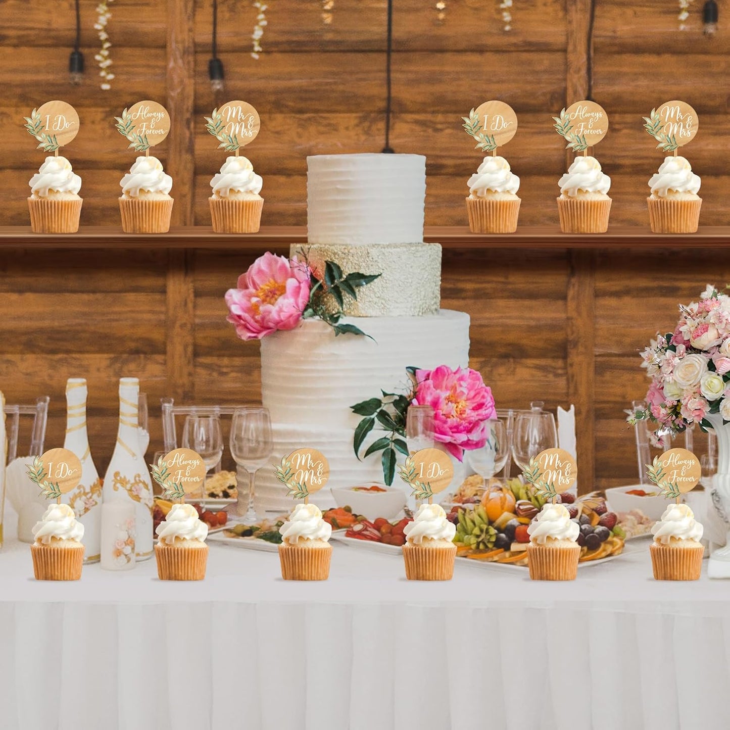 36 PCS Mr & Mrs Wedding Cupcake Toppers with Green Leaves Engagement Cake Decorations