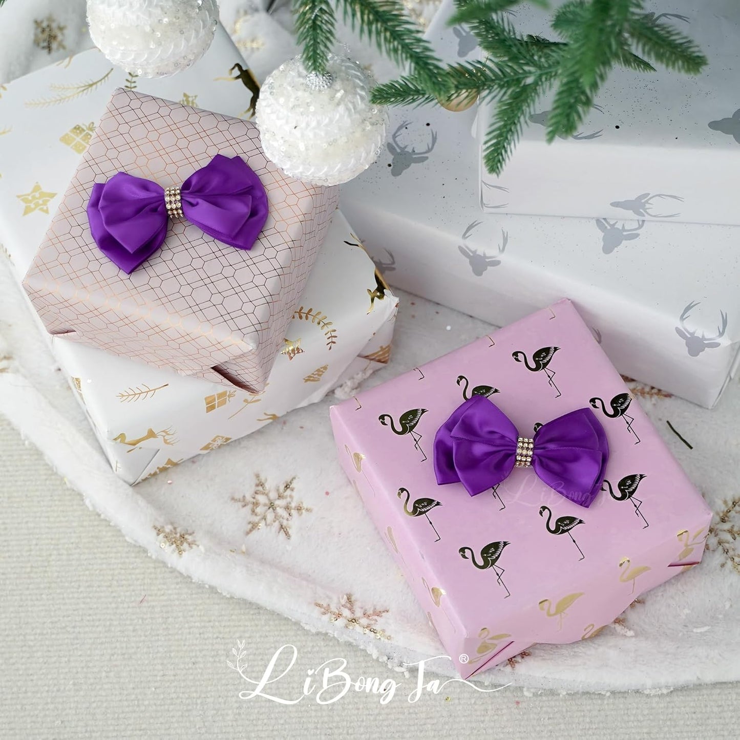 Purple Ribbon Bow 4'' Premade Satin Bow, Purple Gift Bows with Rhinestone, Wrapping Bows for Presents, Greeting Cards, Treat Bags, Wine Bottles, Valentines Bows for Gift Wrapping-12 Counts