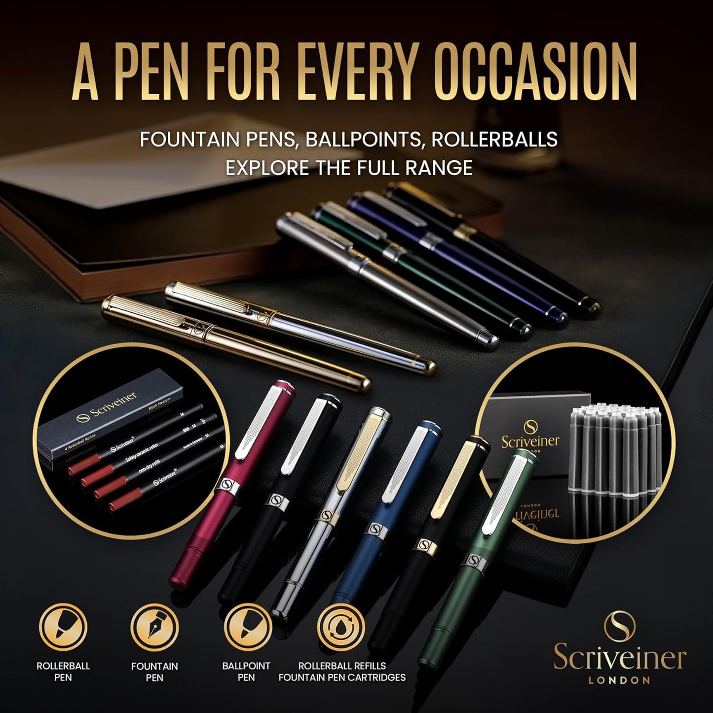 Scriveiner Black Lacquer Fountain Pen - Stunning Luxury Pen, Real Gold Finish, Schmidt Gilded Nib (Extra Fine), Best Pen Gift Set for Men & Women, Professional, Executive, Office, Nice Pens