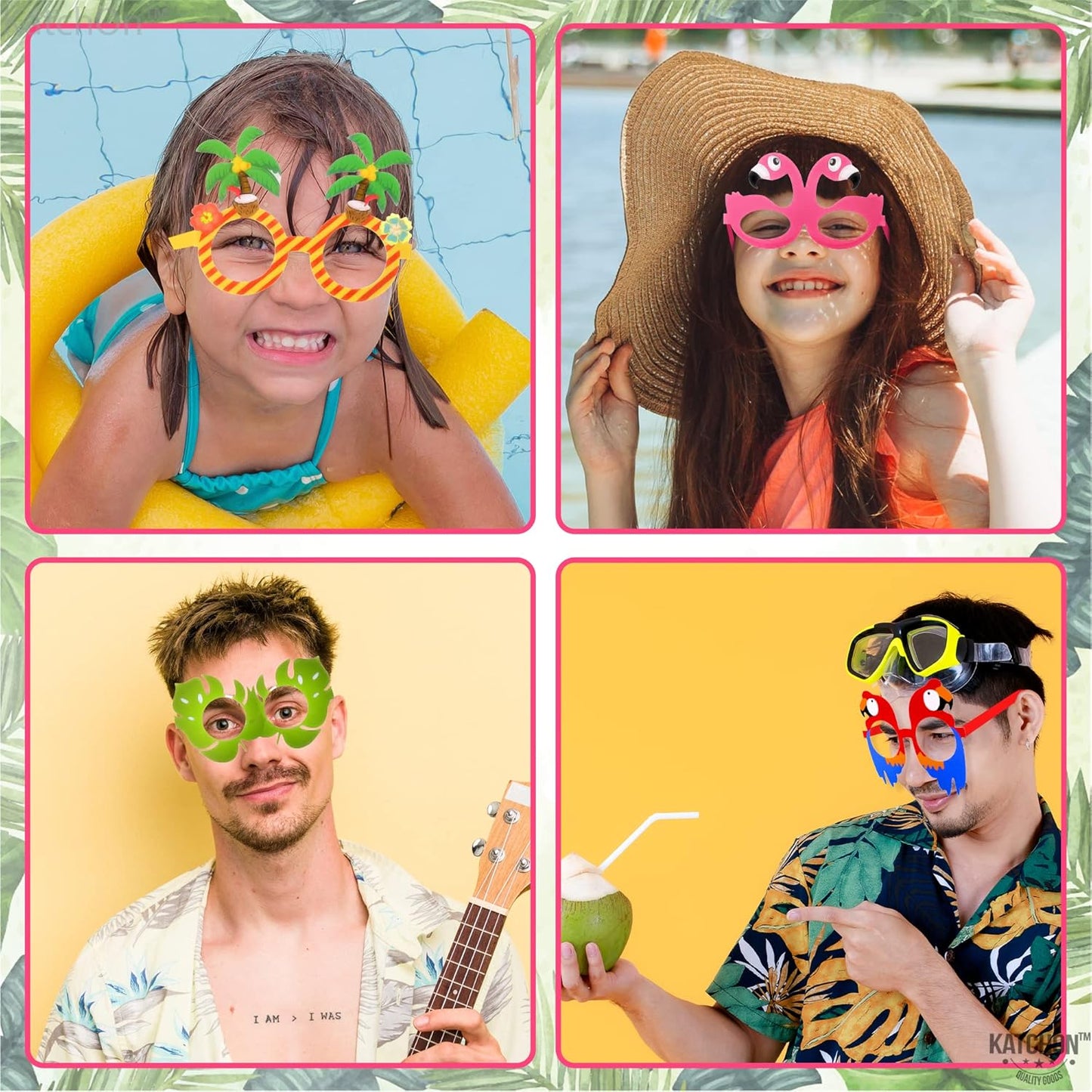 KatchOn, Tropical Hawaiian Photo Booth Props - Pack of 12,Luau Party Decorations | Luau Glasses for Hawaiian Party Decoration | Luau Photo Booth Props, Aloha Party Decoration, Summer Party Decorations