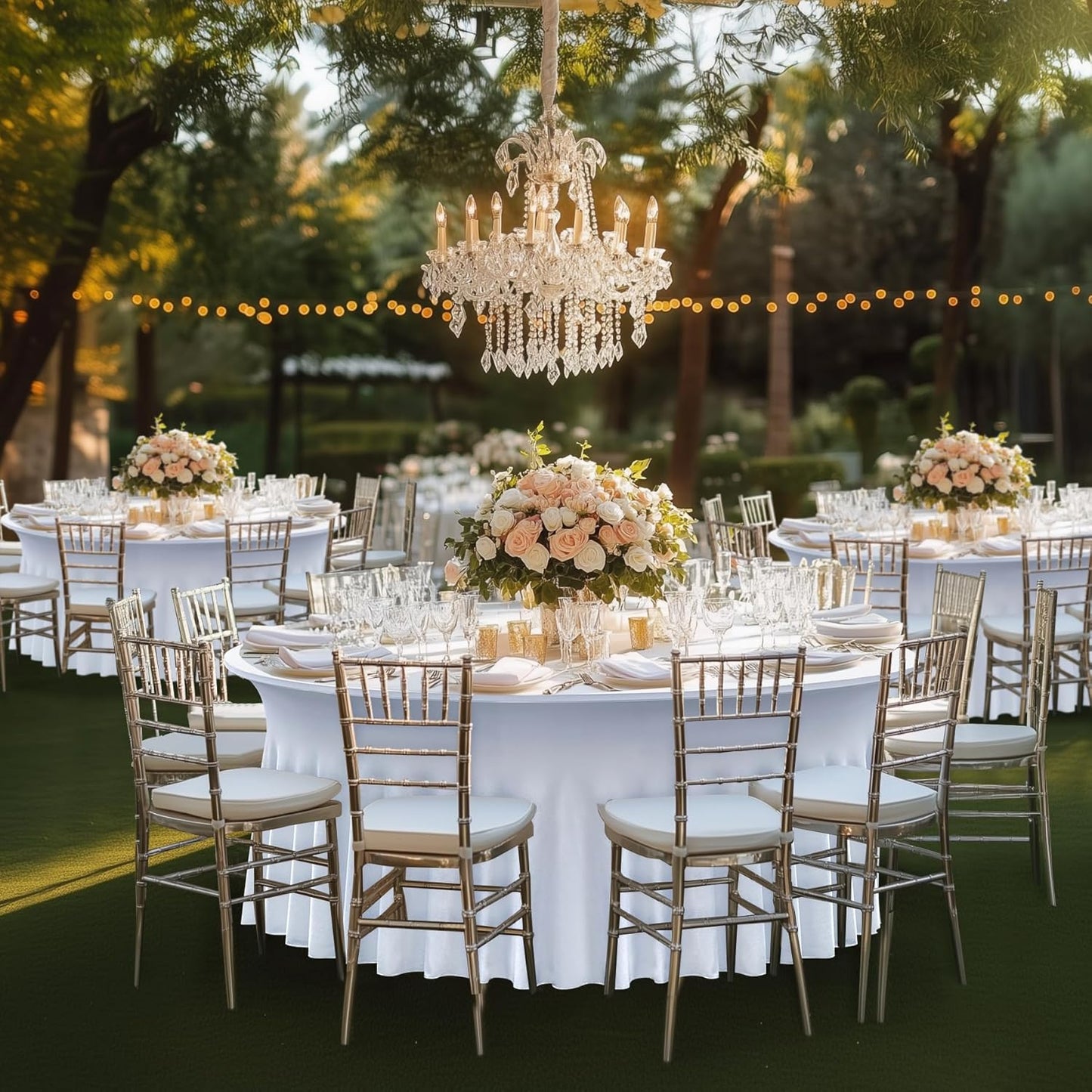 4 pk White Round Spandex Tablecloth for 60in Tables, Wrinkle Free Stretchy 120inch Fitted 5FT Table Cloths Round Table Covers with Skirt for Wedding Party Dining Banquet Events