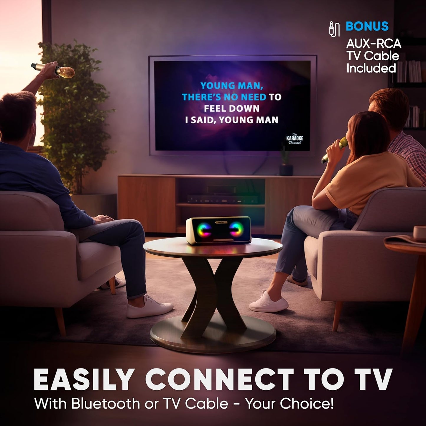 MASINGO Karaoke Machine for Adults and Kids with 2 Wireless Microphones, Portable Bluetooth Singing Speaker, Colorful LED Lights, PA System, Lyrics Display Phone Holder, and TV Cable. Presto G2 Gold