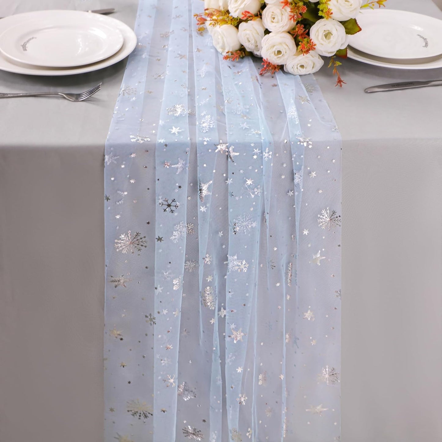 Snowkingdom Silver Snowflake Christmas Table Runner, 10ft Blue Cheesecloth Gauze Sheer Chiffon 120 Inch Winter Table Runner, Seasonal Holiday Kitchen Dining Decoration for New Year Outdoor Party Decor