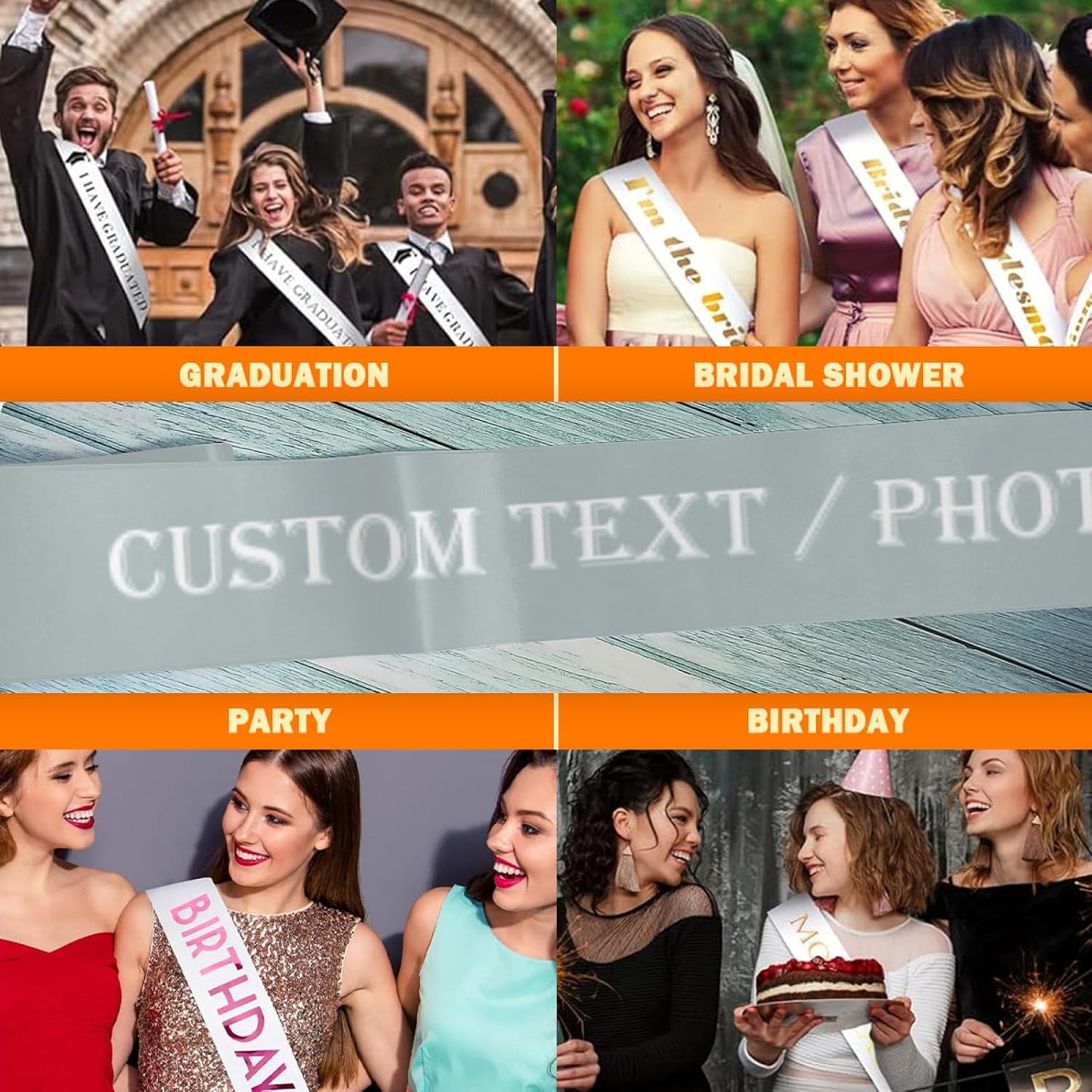 Custom Sash,Personalized Birthday Sash with Text Photo,Customized Bachelorette Sash Quote Sash Bride to Be Sash Color Optional (No decorative edge, Sliver)