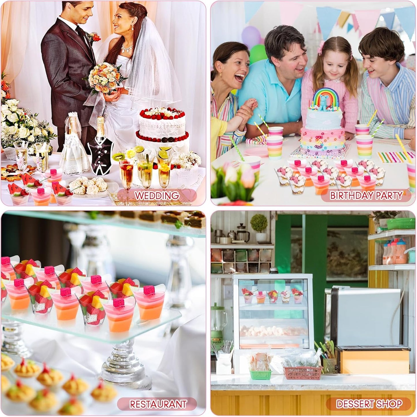 Honeydak 150 Pcs Plastic Dessert Cups without Lids 4.5 oz with Spoons Mini Clear Disposable Trifle Mousse Dessert Cups Triangular Parfait Appetizers Tumbler Pudding Fruit Serve for Party