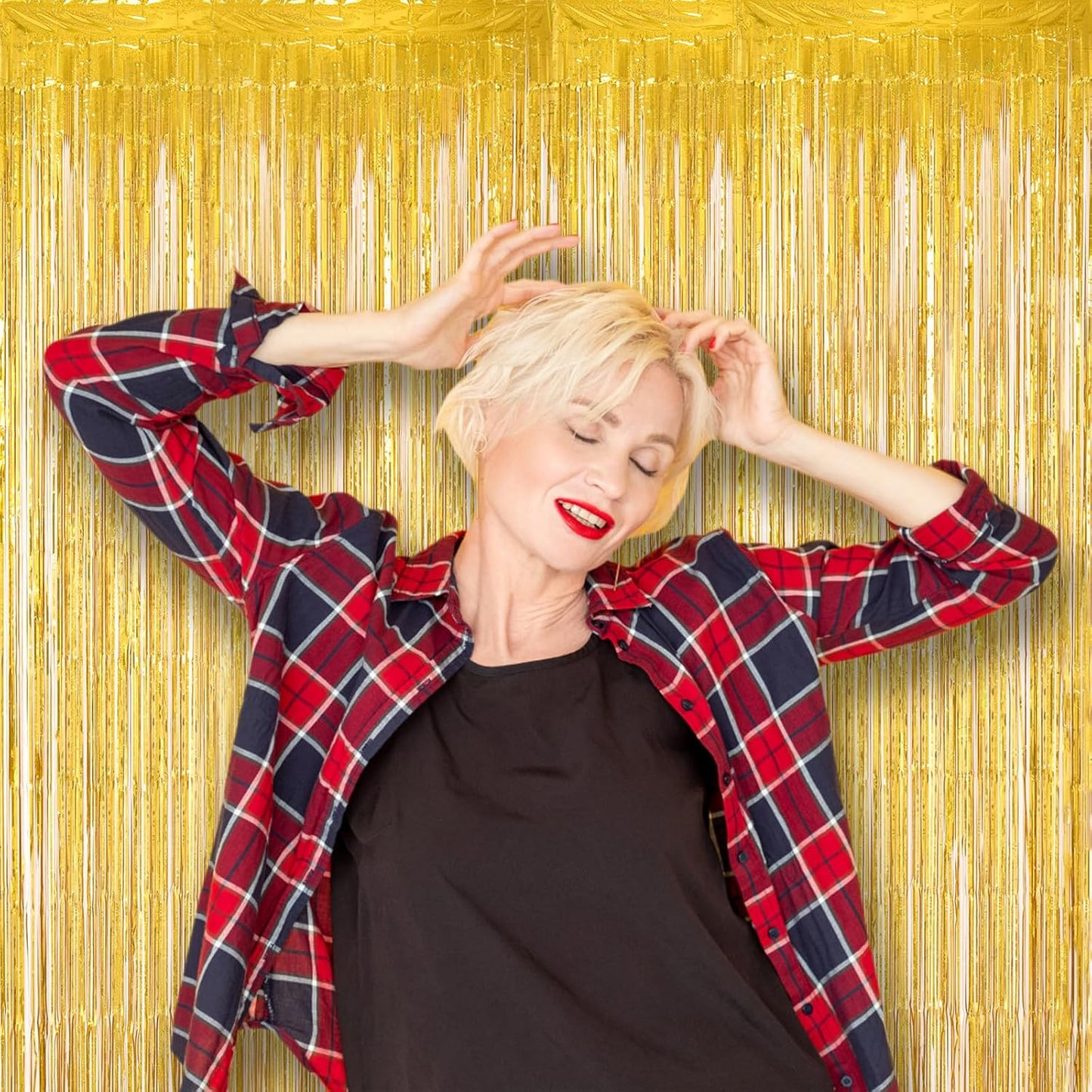 2 Pack Laser Gold Tinsel Foil Fringe Curtains, Gold Party Decorations, Metallic Tinsel Party Streamers Backdrop for Birthday Baby Shower Graduation Wedding New Years Party Decorations