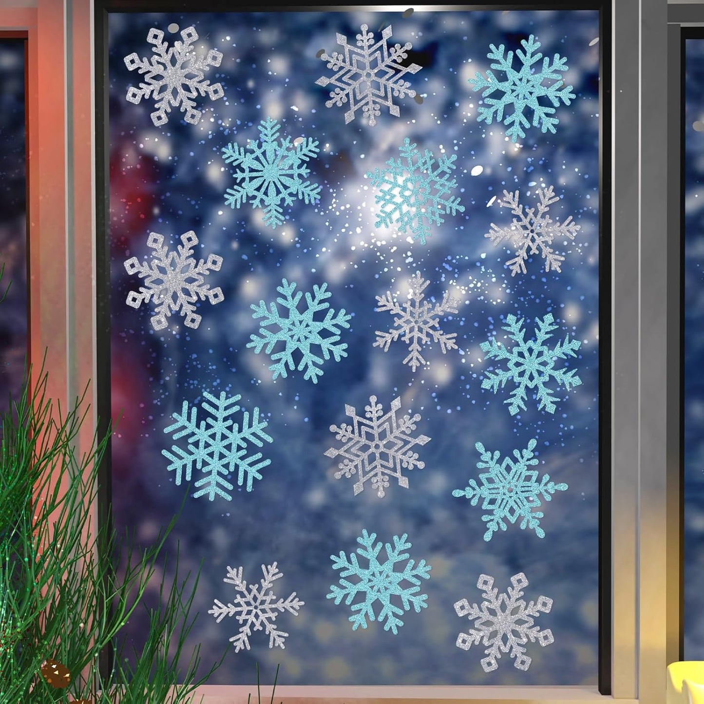 Winter Snowflake Cutouts - Glitter Paper Snowflake Decorations - 50Pcs Blue & Silver Double-Side Christmas Cutouts for Holiday Winter Wonderland Bulletin Board, Frozen Party Decor