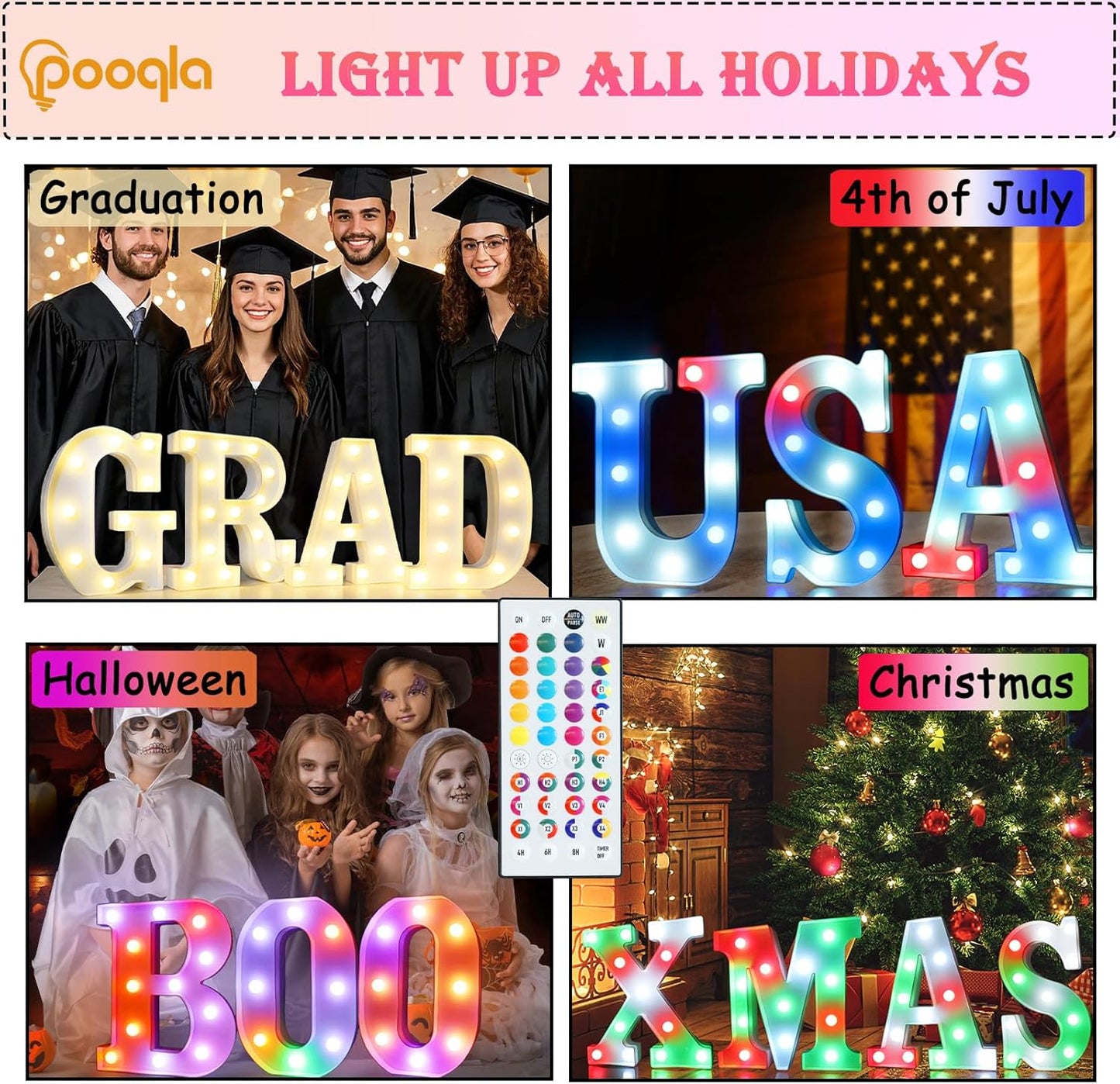 Pooqla Colorful Light Up Letters with Remote, Upgraded 35 Colors LED Marquee Letters, RGB Lighted Letter for Girls Teenager Gift, Birthday, Party, Wedding, Night Light, Room, Bedroom Decor, Letter R