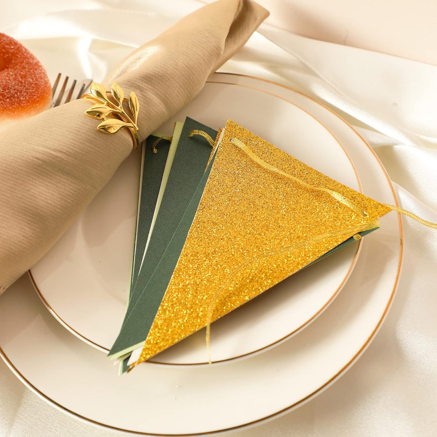 Fonder Mols Paper Pennant Party Decorations Large Gold Green(10 Feet), Triangle Flags Bunting, Paper Triangle Garland for Greenery Baby Shower Wedding Nursery Classroom Birthday Party