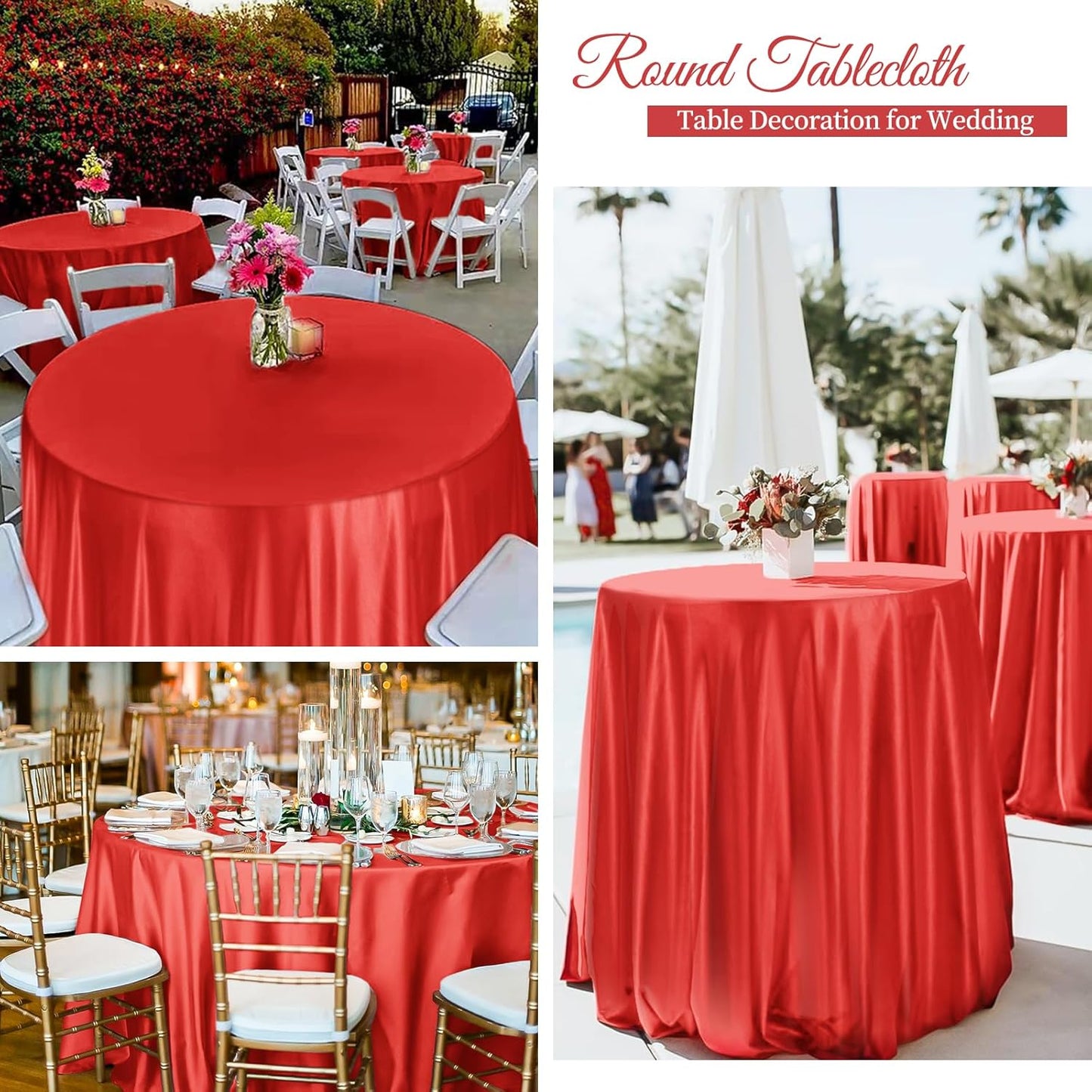fani 6 Pack 108 Inch Red Satin Tablecloth - Premium Bright Silky Round Tablecloth Overlay Smooth Fabric Table Cover, Table Decoration for Wedding Party Banquet Events Restaurant Kitchen Dining