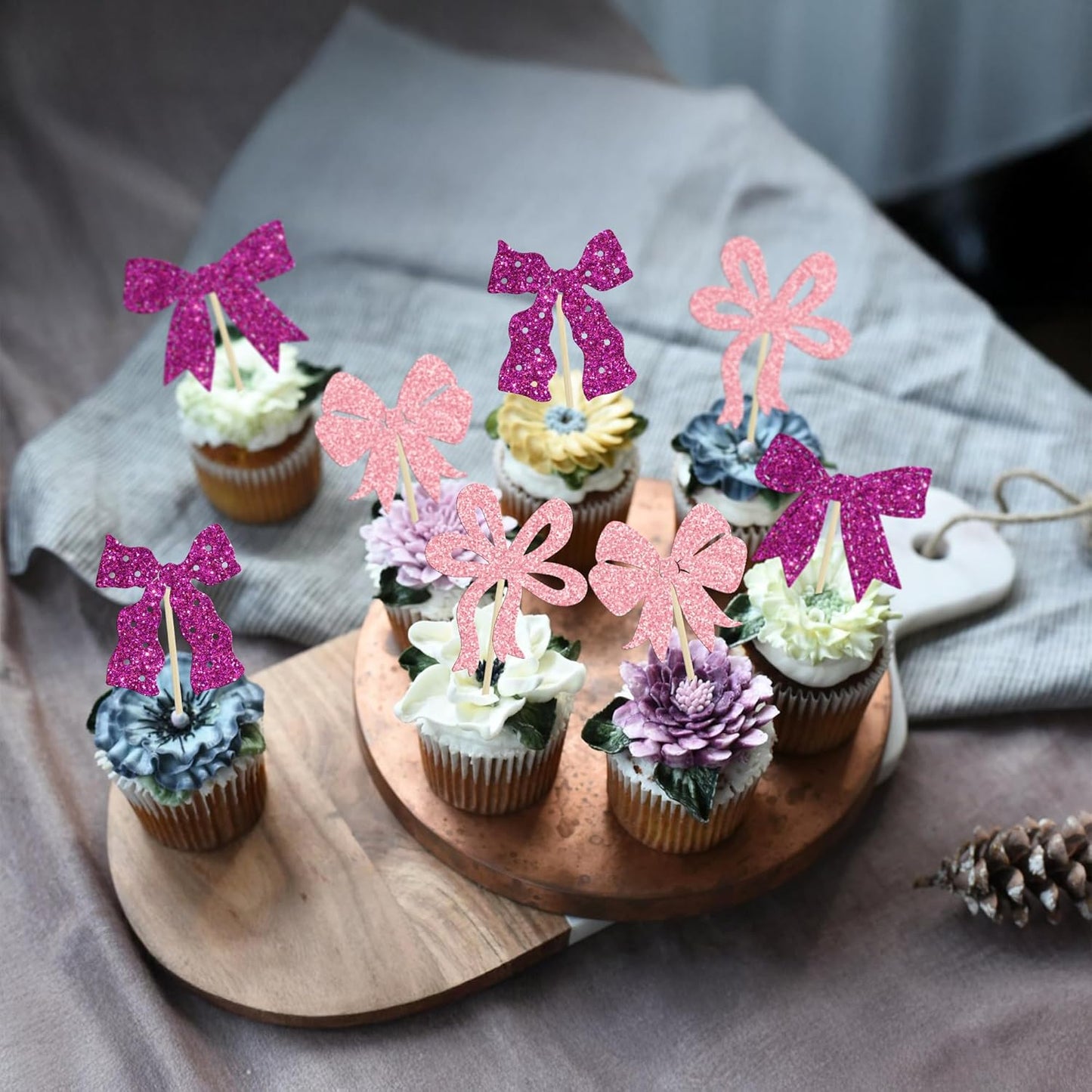 Ephlyn 24Pcs Pink Bow Cupcake Toppers Bow Birthday Cake Topper Girls Birthday Party Decorations Bowknot Cupcake Decorations for Bridal Baby Shower Birthday Wedding Themed Party Pink Purple