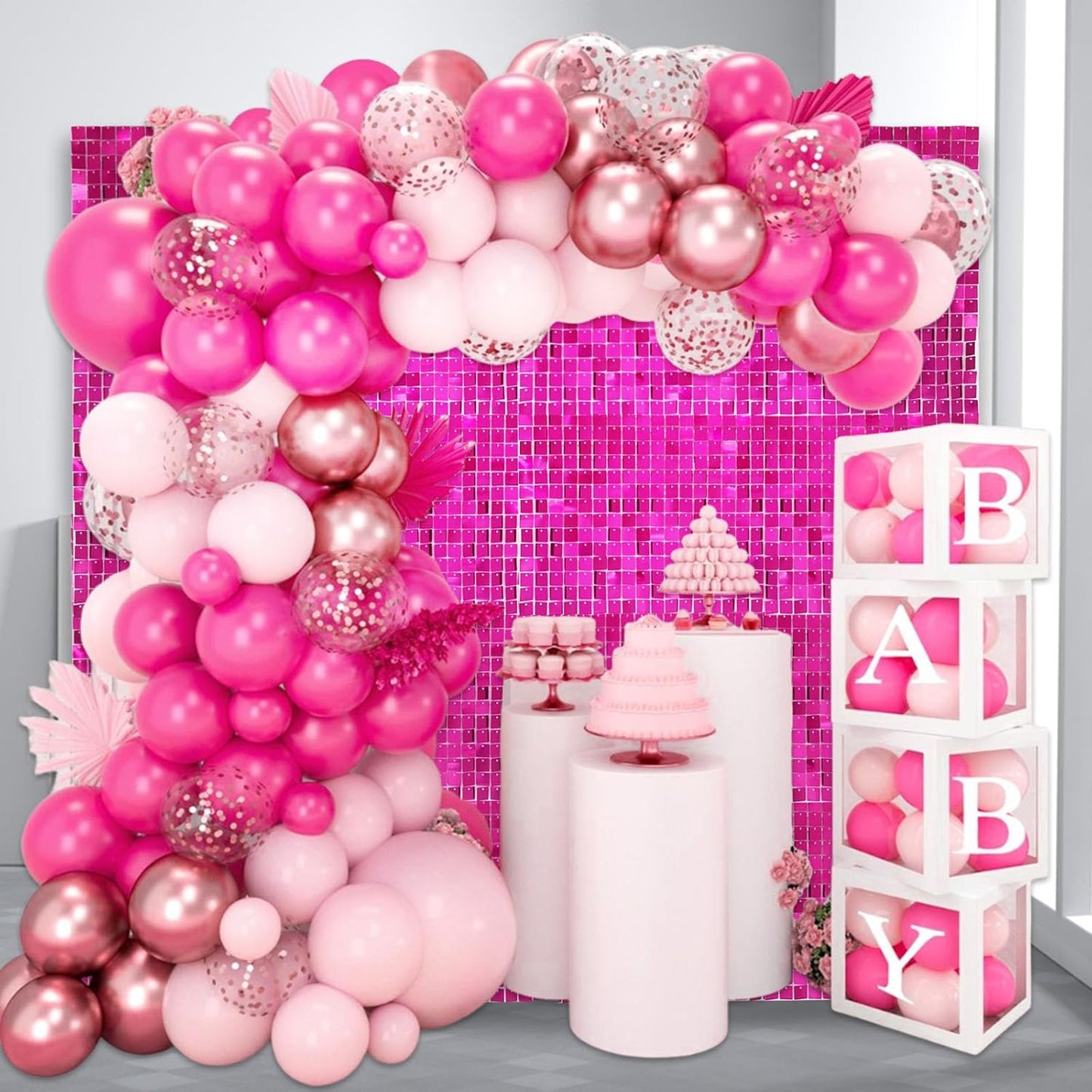 12PCS Fuchsia Shimmer Wall Backdrop, Square Sequin Photo Backdrops Panel, Glitter Wall Background for Birthdays, Weddings, Engagements, Baby Showers, Disco Bachelorette Party Decoration (3FTx4FT)