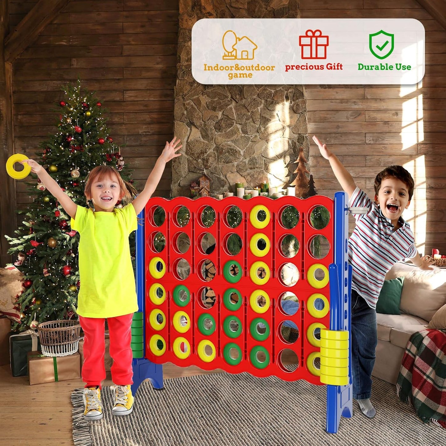 Oversized 4 in a Row Connect Game+Waterproof Carry Bag,Included-4 ft X 3.5 ft Tall,4-to-Score Jumbo with 44 Pieces Rings&Drink Holder,48β Super Size-Indoor&Outdoor Giant 4 Game for Kids&Adults
