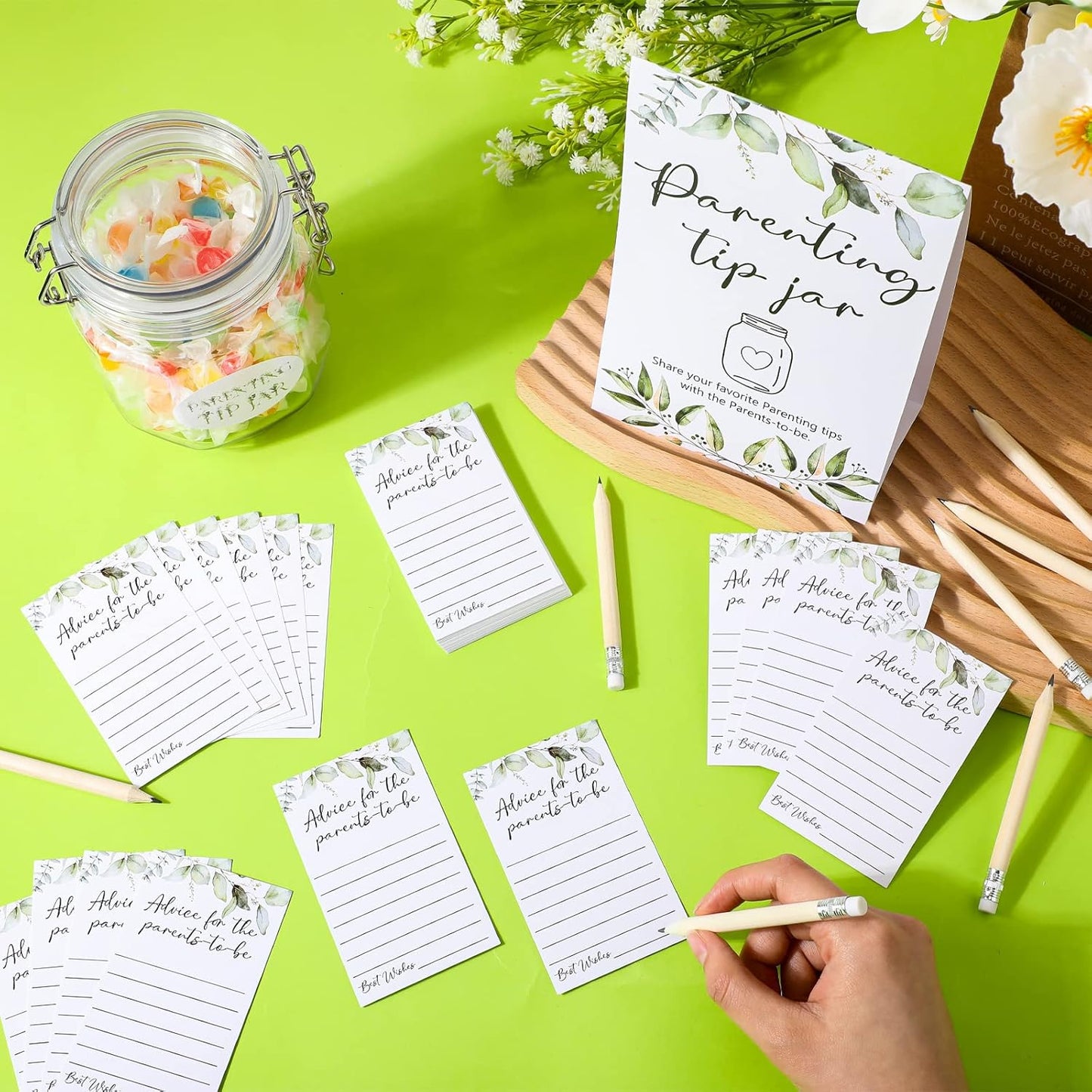 Roowest Baby Shower to Baby Advice Cards for New Parents to Be - Tip Jar Sign for New Parents 60 Parenting Advice Cards 10 HB Pencils 2 Cute Stickers 1 Pet Bottle for Guests Games(Leaf)