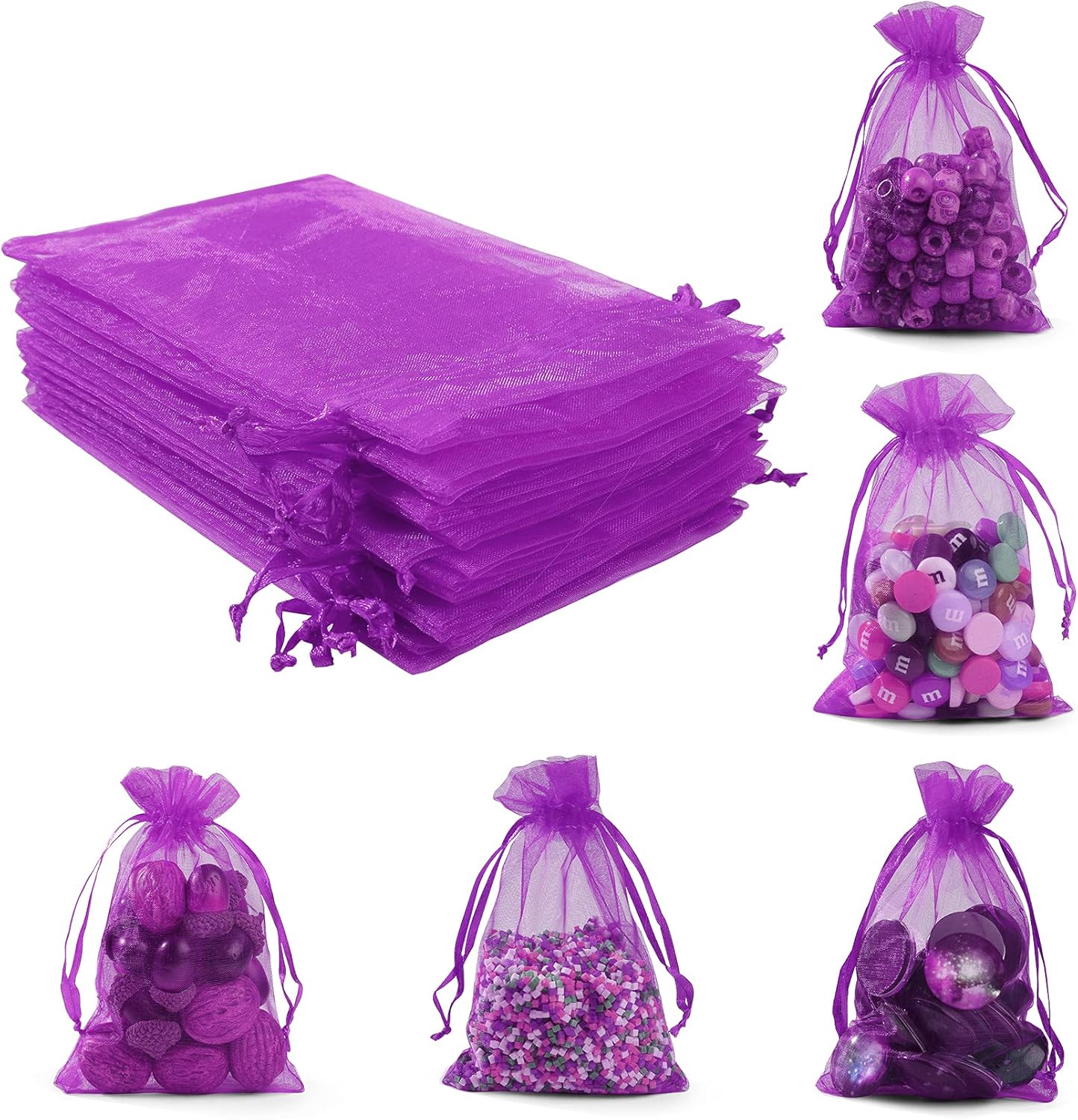 ANZNKU 50 Pack Organza Bags 4 x 6 inch Premium Sheer Drawstring Favor Bags for Halloween Candy Jewelry Party Wedding Christmas Favor Gift Bags (Purple)