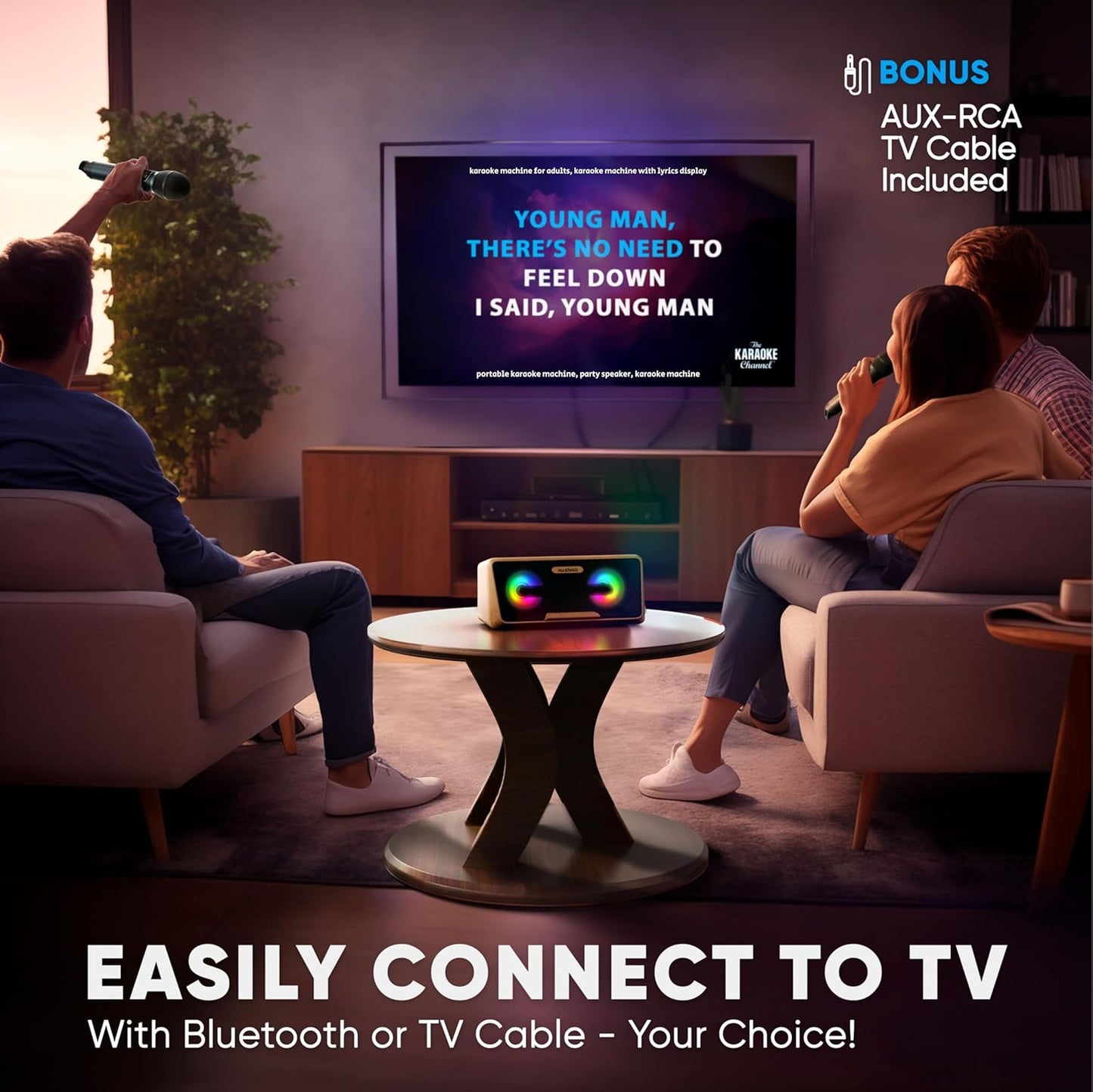 MASINGO Karaoke Machine for Adults and Kids with 2 Wireless Microphones, Portable Bluetooth Singing Speaker, Colorful LED Lights, PA System, Lyrics Display Phone Holder, and TV Cable. Presto G2 Wood