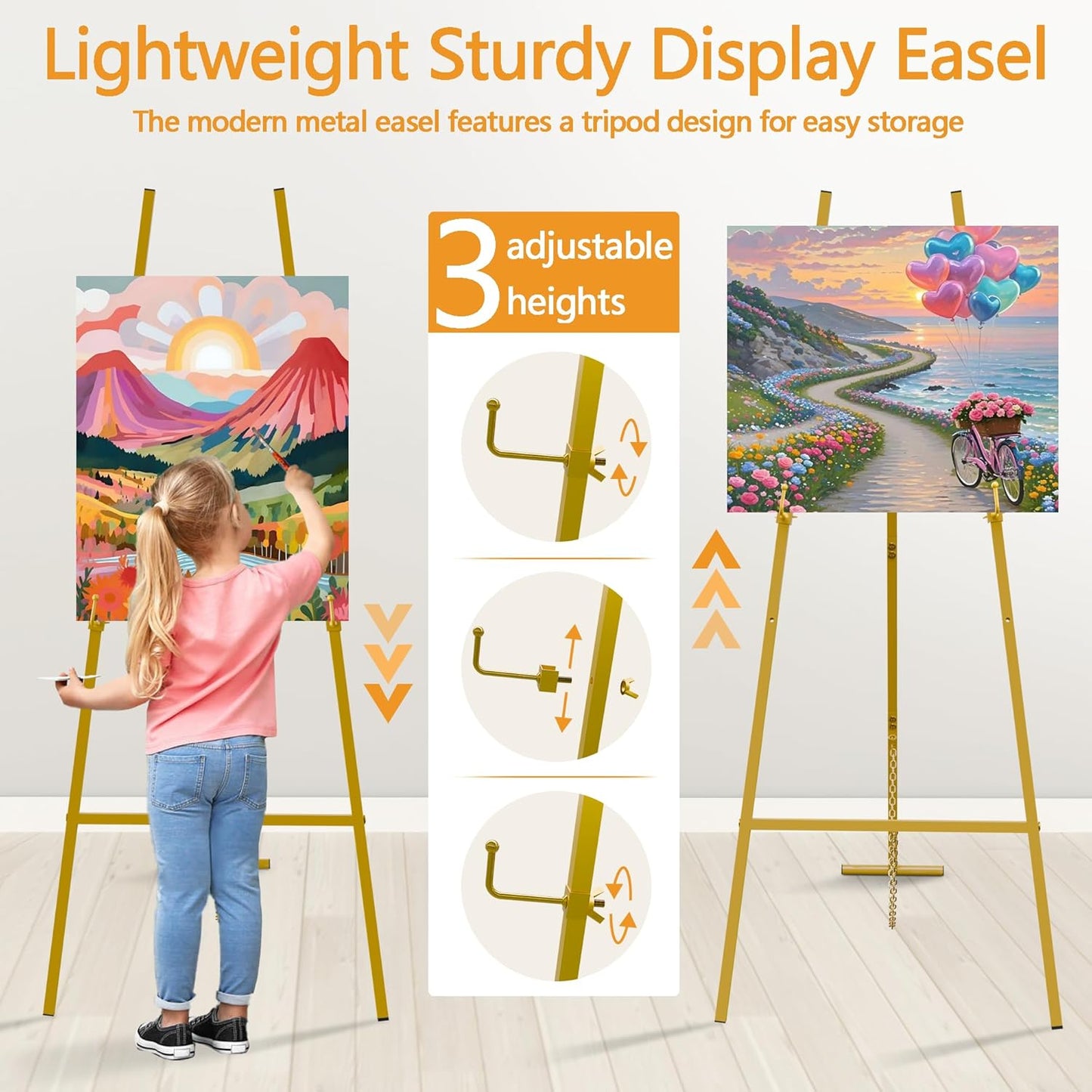 Gold Easel Stand for Signs, Metal Decorative Easels for Wedding Heavy Sign Posters Home Display Painting, Artist Easel for Painting Canvas