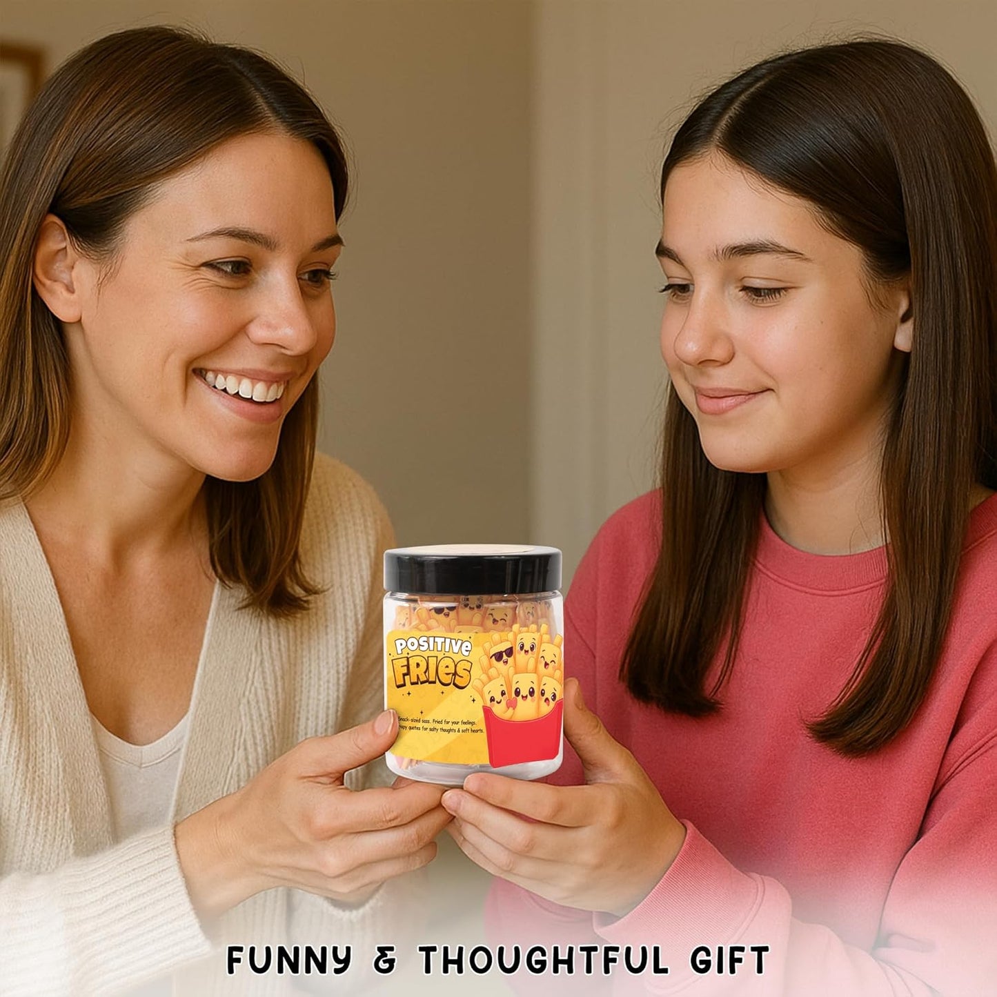 Positive Fries Jar โ 60 Funny Affirmation Cards, Emotional Support Fries for Friends, Teens, Coworkers, Funny Foodie Gifts for Stress Relief and Positivity