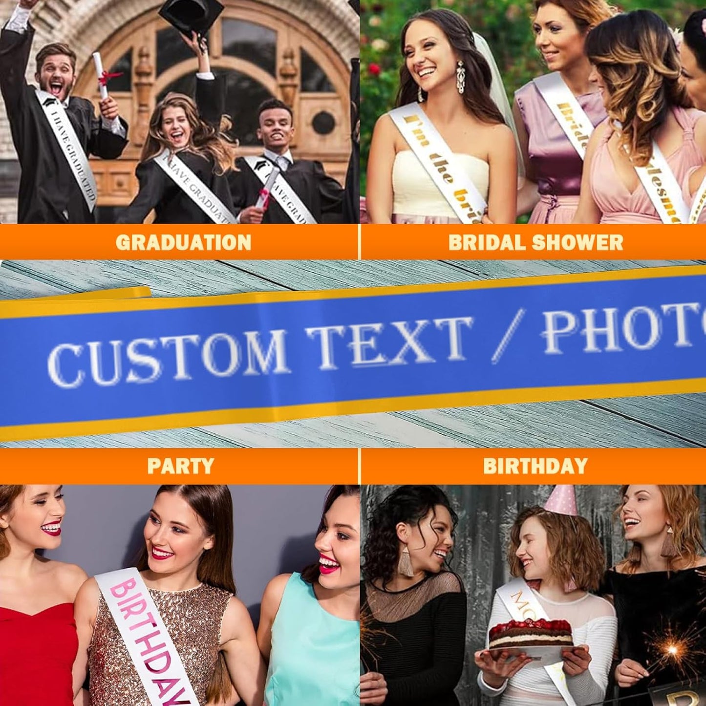 Custom Sash,Personalized Birthday Sash with Text Photo,Customized Bachelorette Sash Quote Sash Bride to Be Sash Color Optional (With decorative edge, Blue)
