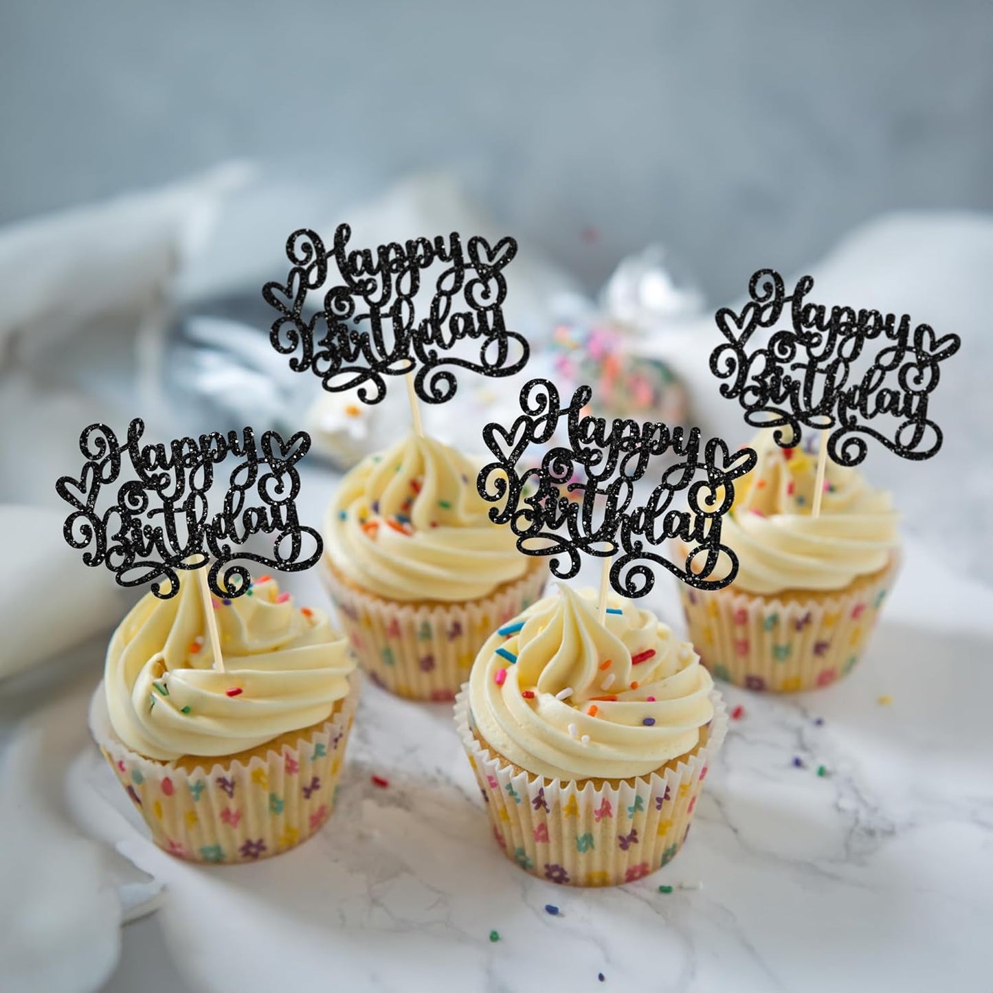 Gyufise 24Pcs Happy Birthday Cupcake Toppers Glitter Happy Birthday Cupcake Picks for Celebrating Happy Birthday Anniversary Theme Party Cake Decorations Supplies Black