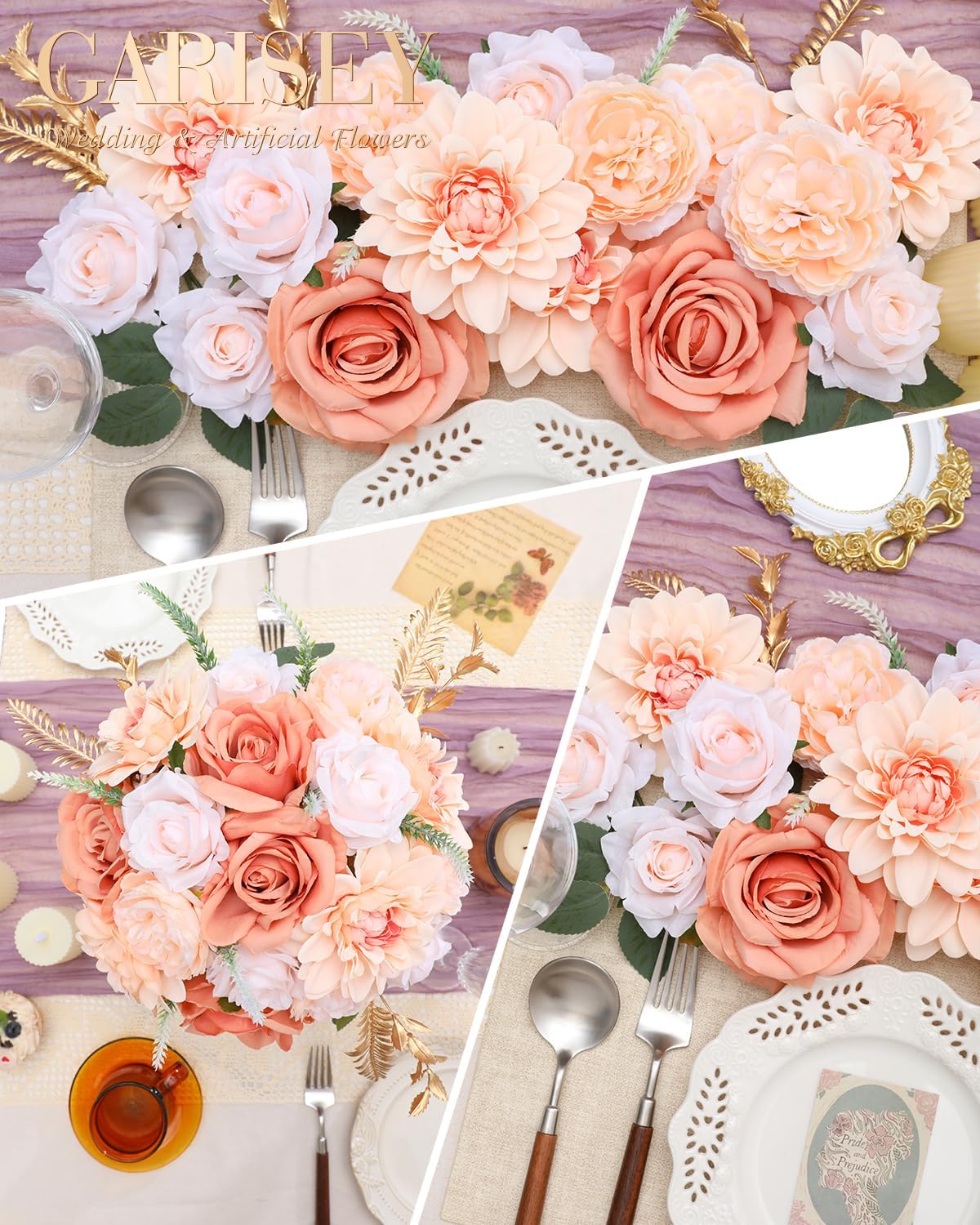 Artificial Flowers Combo, Mix Silk Flowers Roses, Peonies, Dahlias with Stems for DIY Wedding Bridal Bouquets, Baby Shower, Table Centerpieces, Home Decor, Fake Floral Arrangements-Champagne