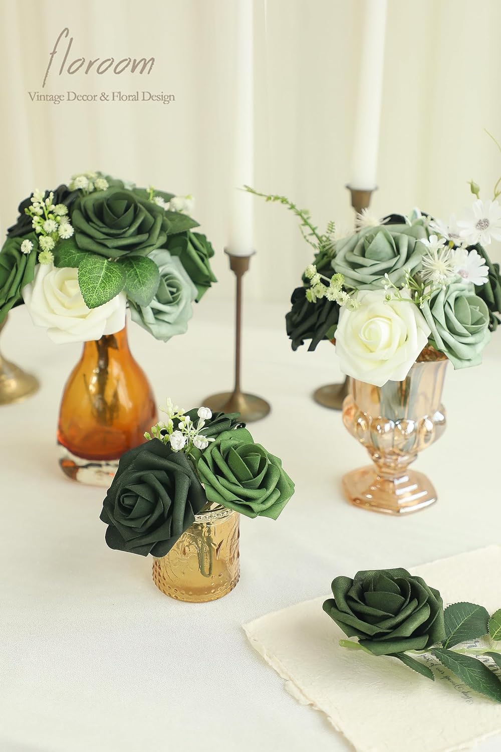 Floroom Artificial Flowers 50pcs Real Looking Emerald Green Foam Fake Roses with Stems for DIY Wedding Bouquets Bridal Shower Centerpieces Floral Arrangements Party Tables Home Decorations