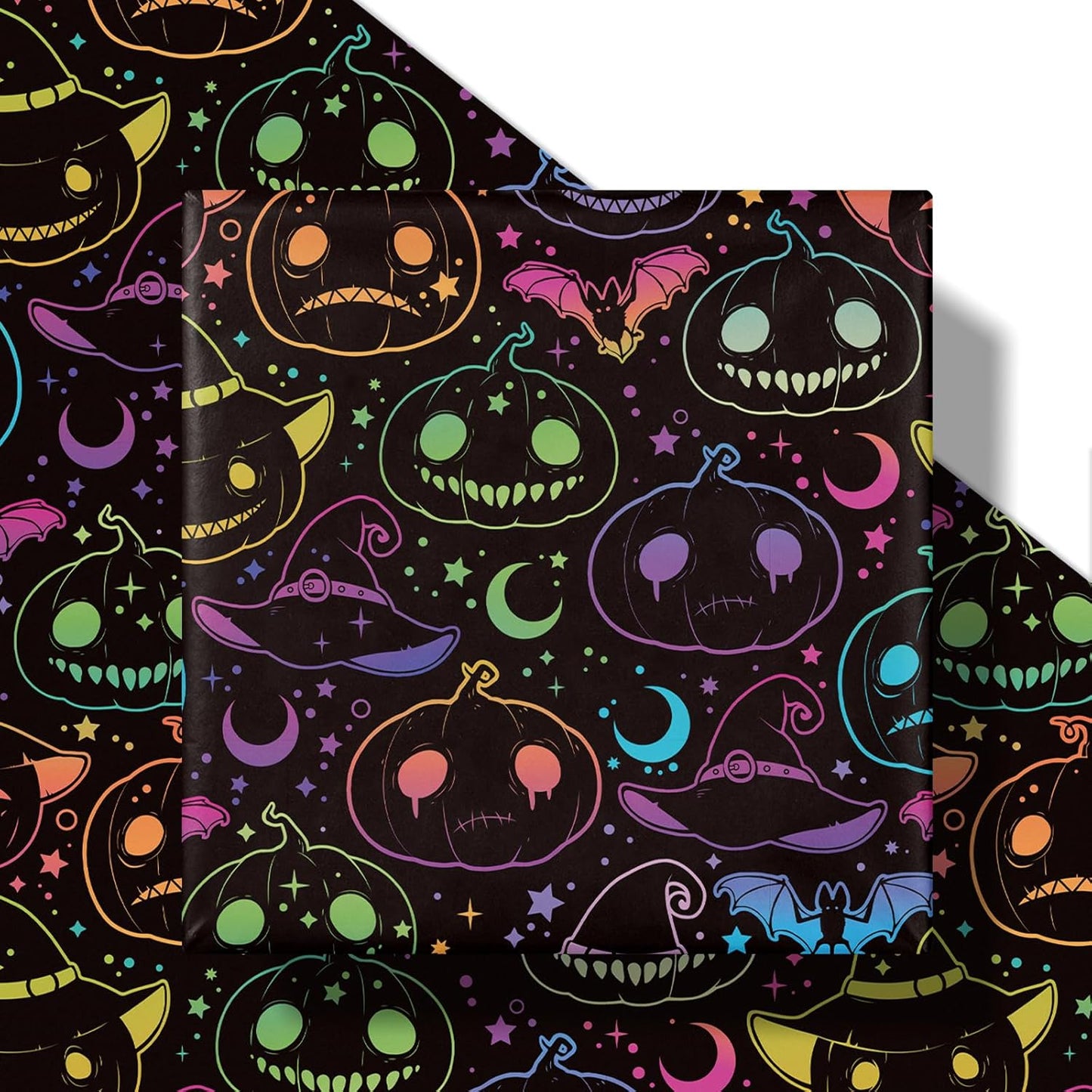 LeZakaa Halloween Pumpkin Wrapping Paper Roll, Neon Pumpkin Witch Hat Bat Pattern in Black, Glow-Like Gothic Kawaii Style Gift Wrap for Spooky Party & Candy Bags, Mini Roll 17 in x 16.4 Ft