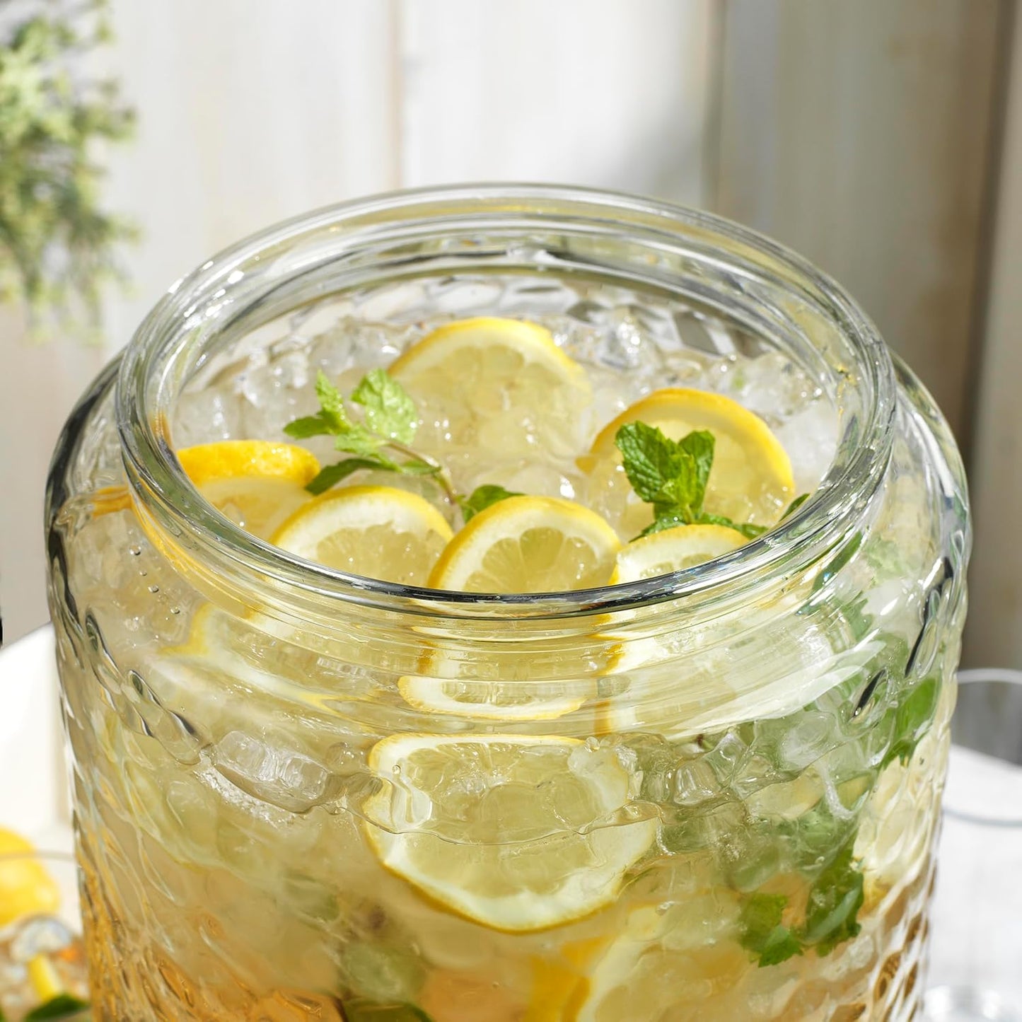 Elegant Home Hammered Glass Ice Cold Beverage Drink Dispenser - 2.7 Gallon, With Glass Lid and Antique Metal Stand, 100% Leak Proof Spigot- Wide Mouth Easy Filling For Outdoor, Parties & Daily Use