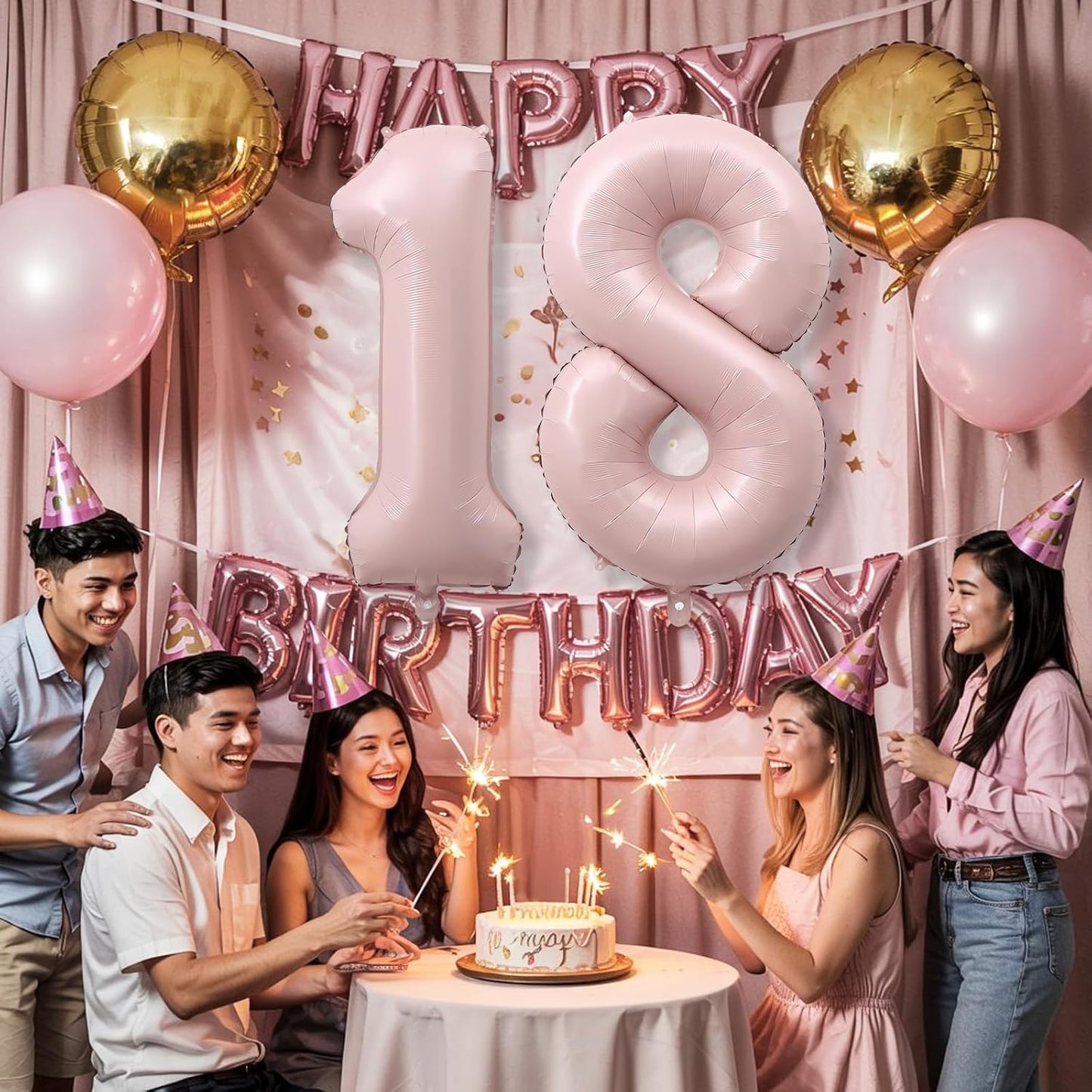 Pastel Pink 18 Balloon Numbers for Girls, 40'' Self Inflating Number 18 Balloons for 18 Year Old Birthday, Big Blush Pink Foil 1 & 8 Helium Balloon for Boho Coquette 18th Birthday Party Decorations