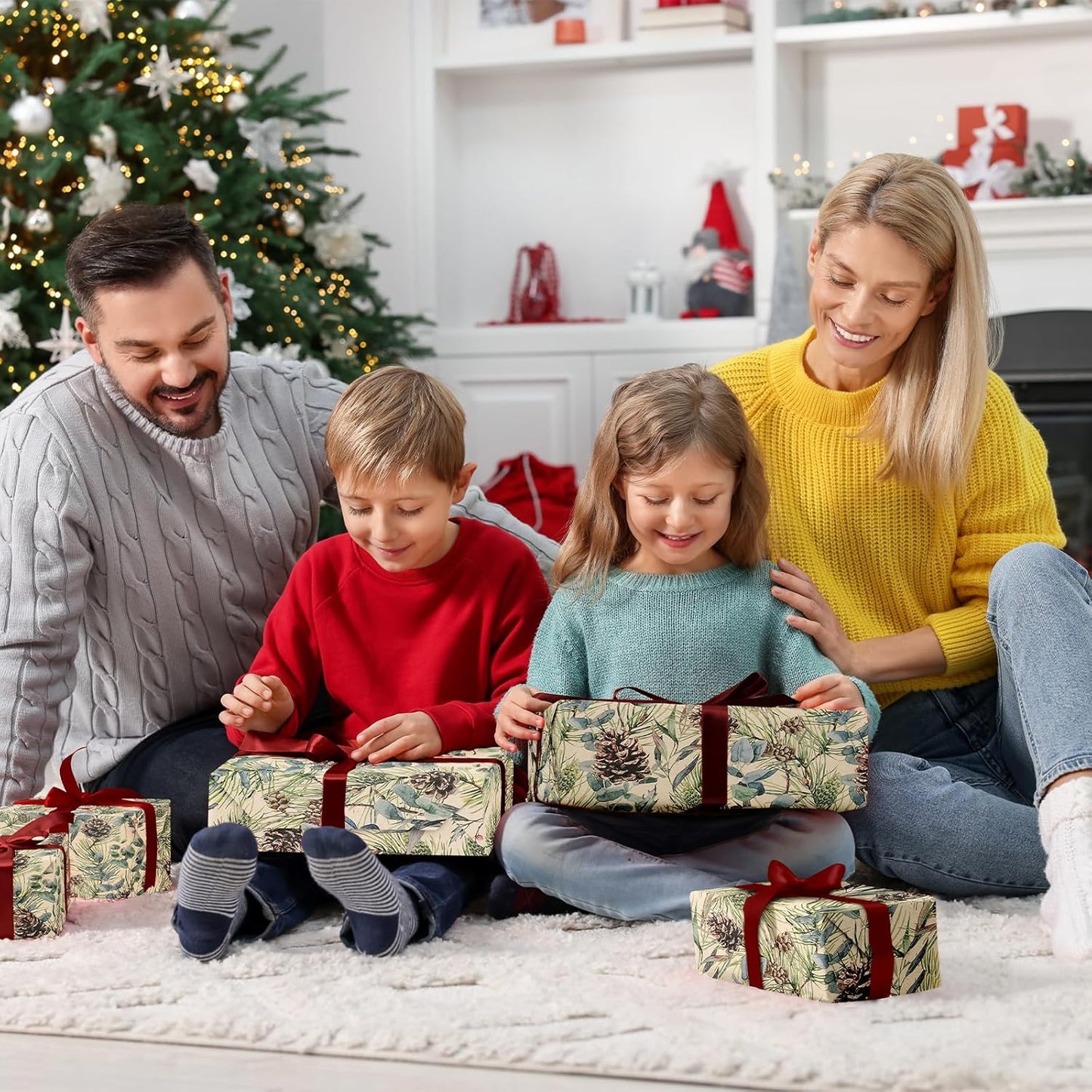 RUSPEPA Kraft Christmas Wrapping Paper Roll, Mini Roll, Watercolor Pinecone and Eucalyptus Leaf Design, Kraft Gift Wrap for Christmas, Winter Holiday Party, Rustic Natural Theme, 17 Inches x 16.4 Feet