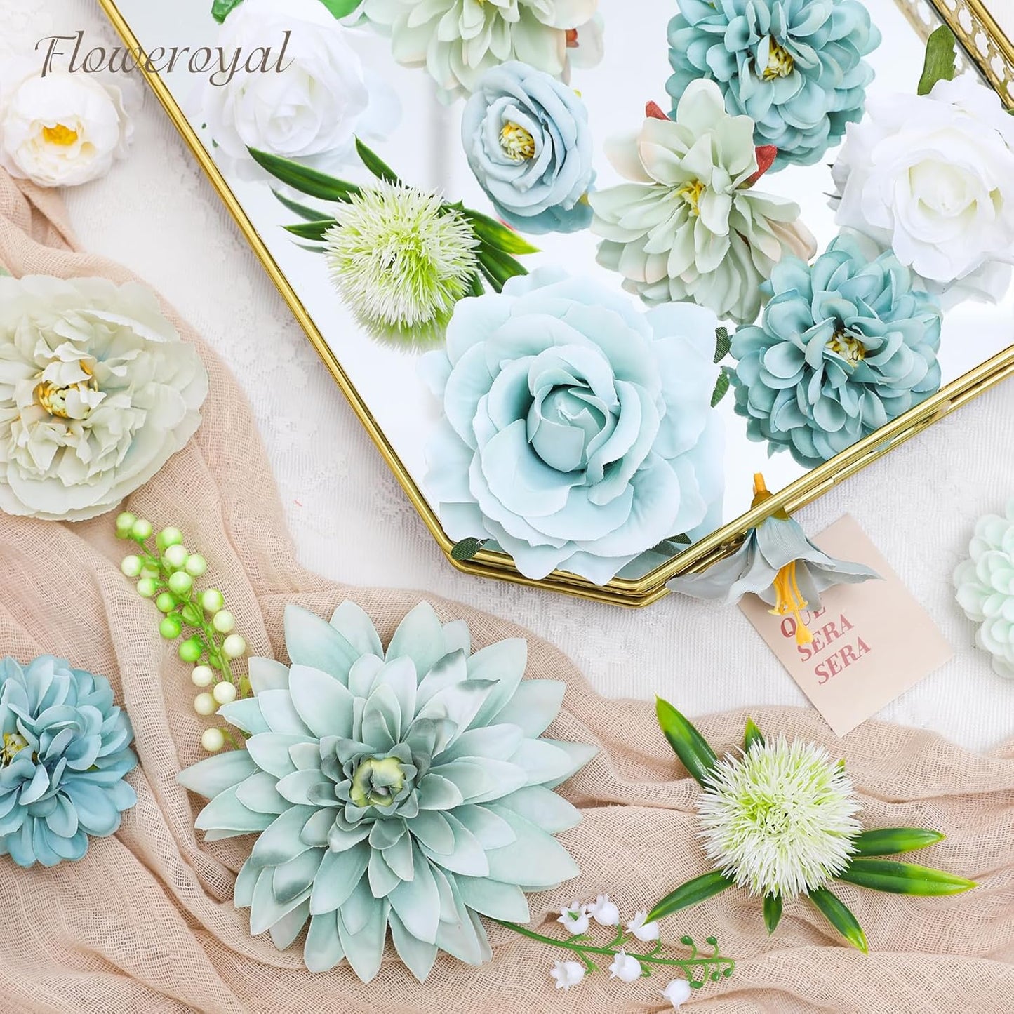 Floweroyal Artificial Flowers Combo Teal Blue Flowers Mix Silk Flowers Dahlia Roses with Stems for DIY Wedding Bridal Bouquets, Baby Shower, Floral Arrangement, Table Centerpieces, Home Decorations.