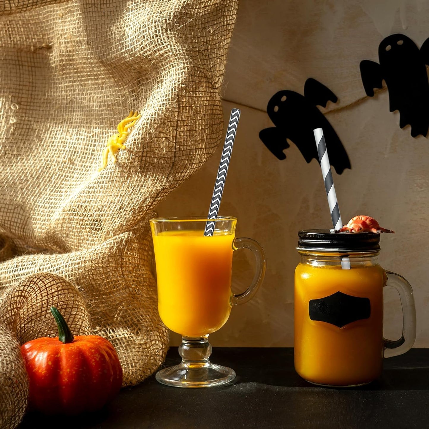 200 Black Straws, Biodegradable Black and White Paper Striped Straws for Birthdays, Coffee, Cocktail, Lemonade, DIY Decorations, Party Supplies, Weddings, New Year, Halloween, Christmas