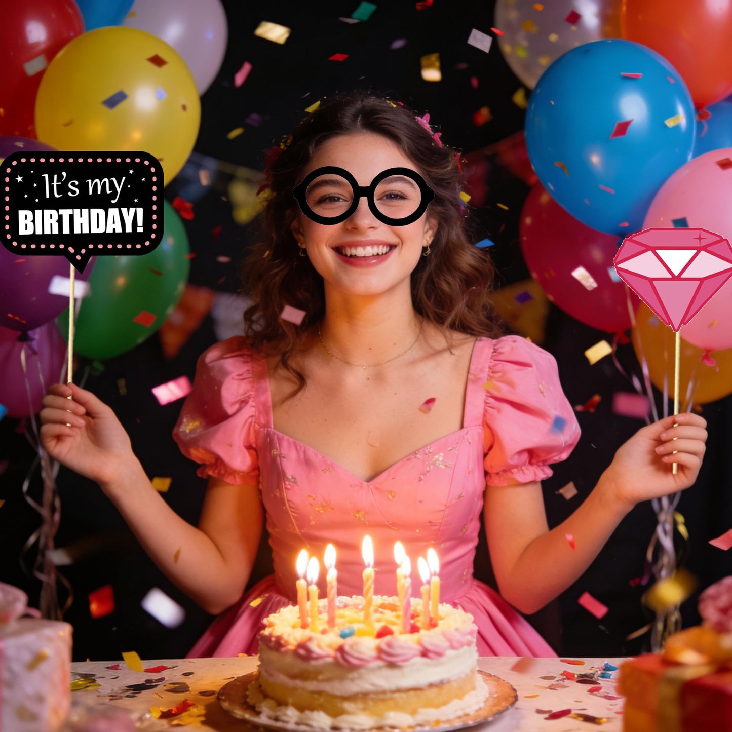 30 Pcs Hot Pink Birthday Photo Booth Props Kit for Girls, Happy Birthday Party Favors Supplies with