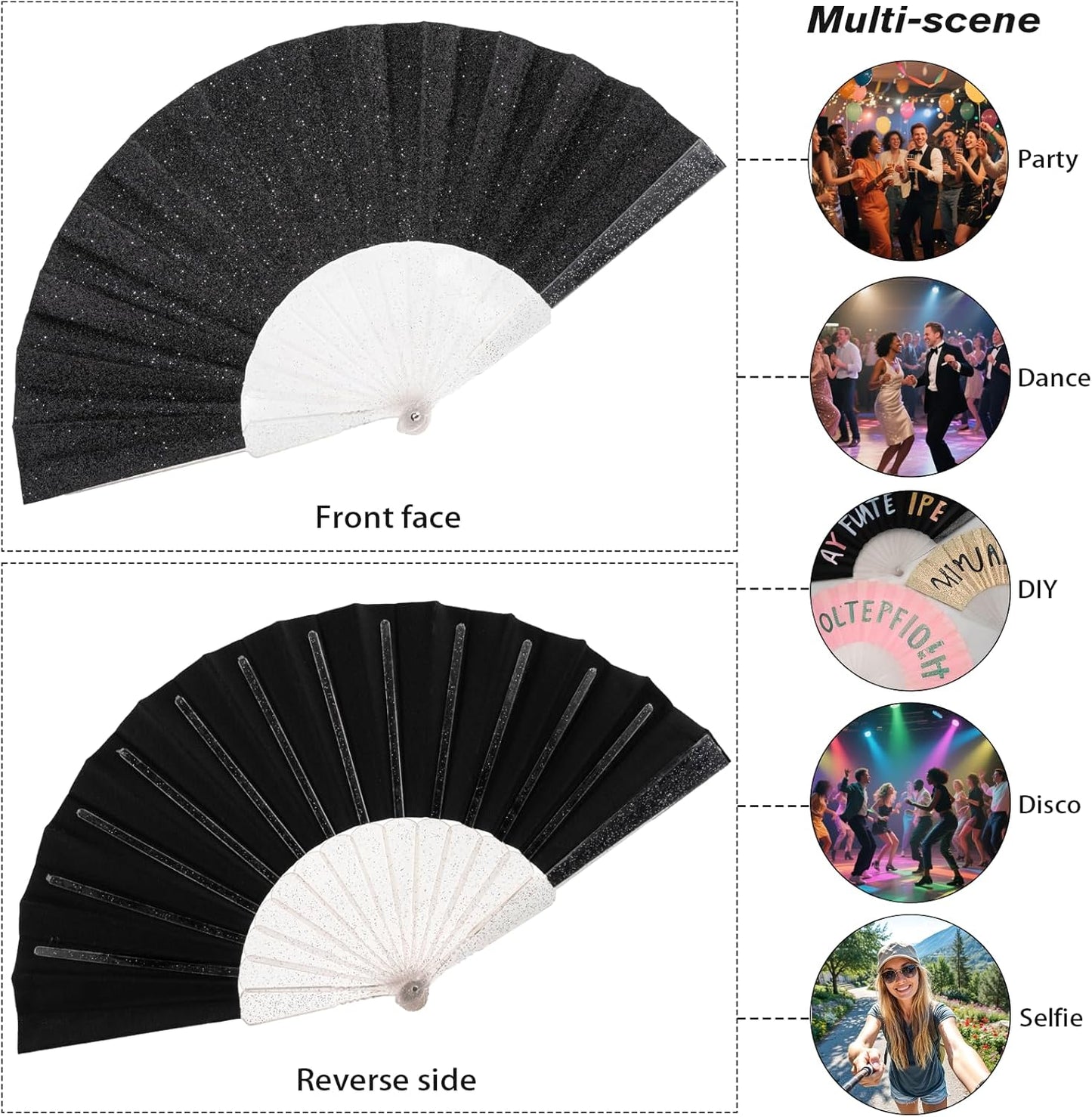 12 Pack Handheld Fan,Folding Hand Glitter fan with Shining Transparent Fan Rib – Ideal for Wedding, Church, Festival, Dance, Tea Party, Club, and EDM Accessories, Black