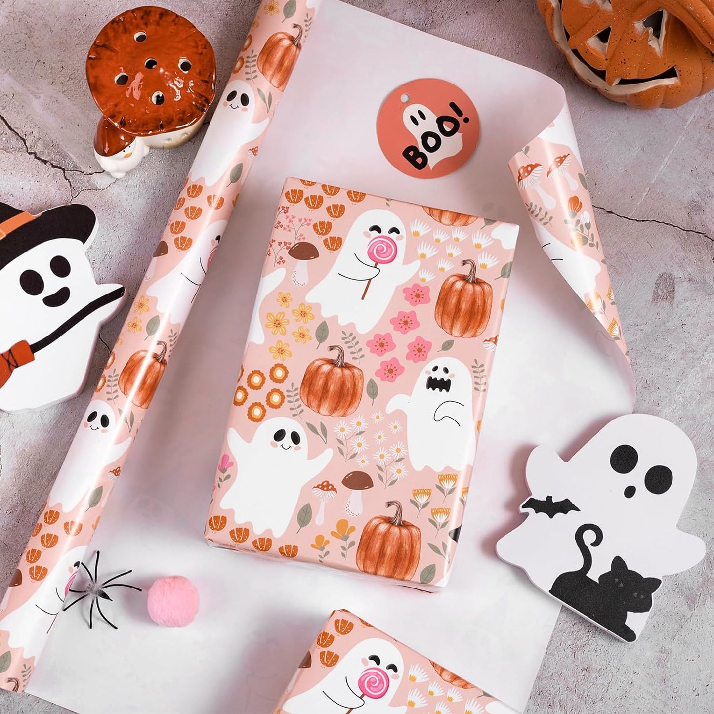 LeZakaa Pink Halloween Wrapping Paper Roll, Cute Ghosts Pumpkins Fall Florals in Pink Spooky Design Trick-or-Treat Gift Wrap for Girls, Kids, Soft Aesthetic Halloween Gifts, Mini Roll 17 in x 16.4 Ft