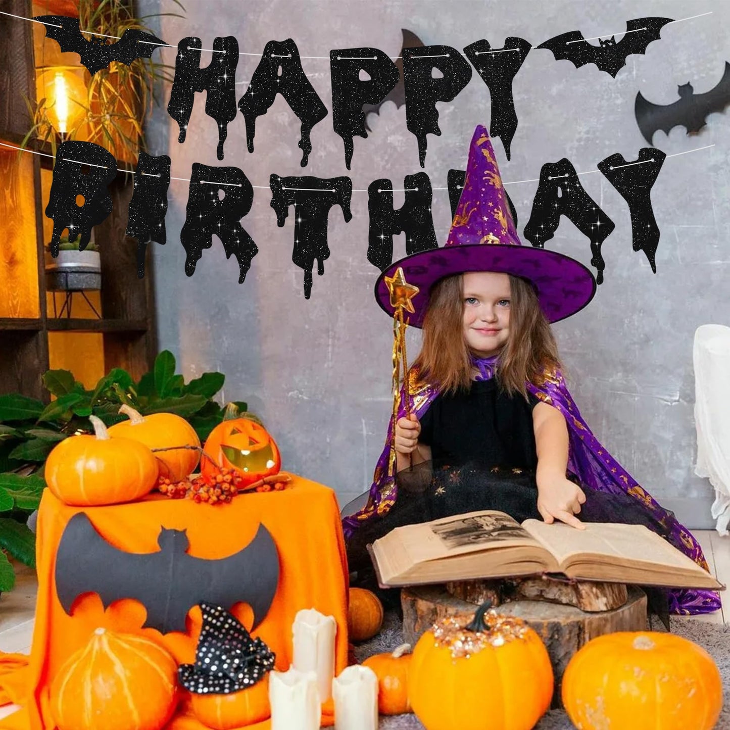 RICHHHA Glitter Black Glitter Happy Birthday Halloween Banner- NO DIY - Halloween Hanging Paper