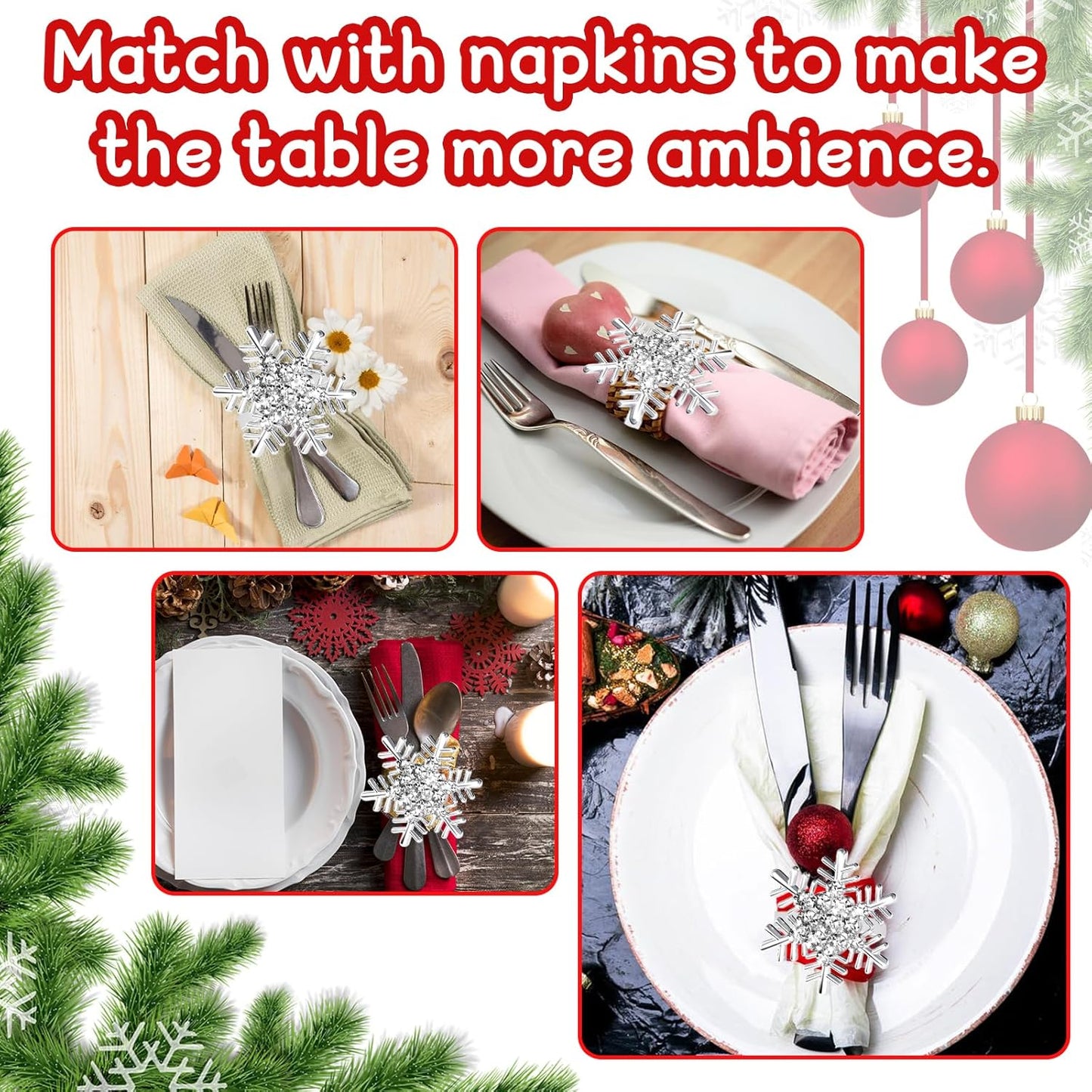 Halatool Christmas Silver Snowflake Napkin Rings Set of 6, Dinner Table Napkin Holder for Christmas Thanksgiving Winter Holiday Place Setting, Weddings, Party Table Decoration