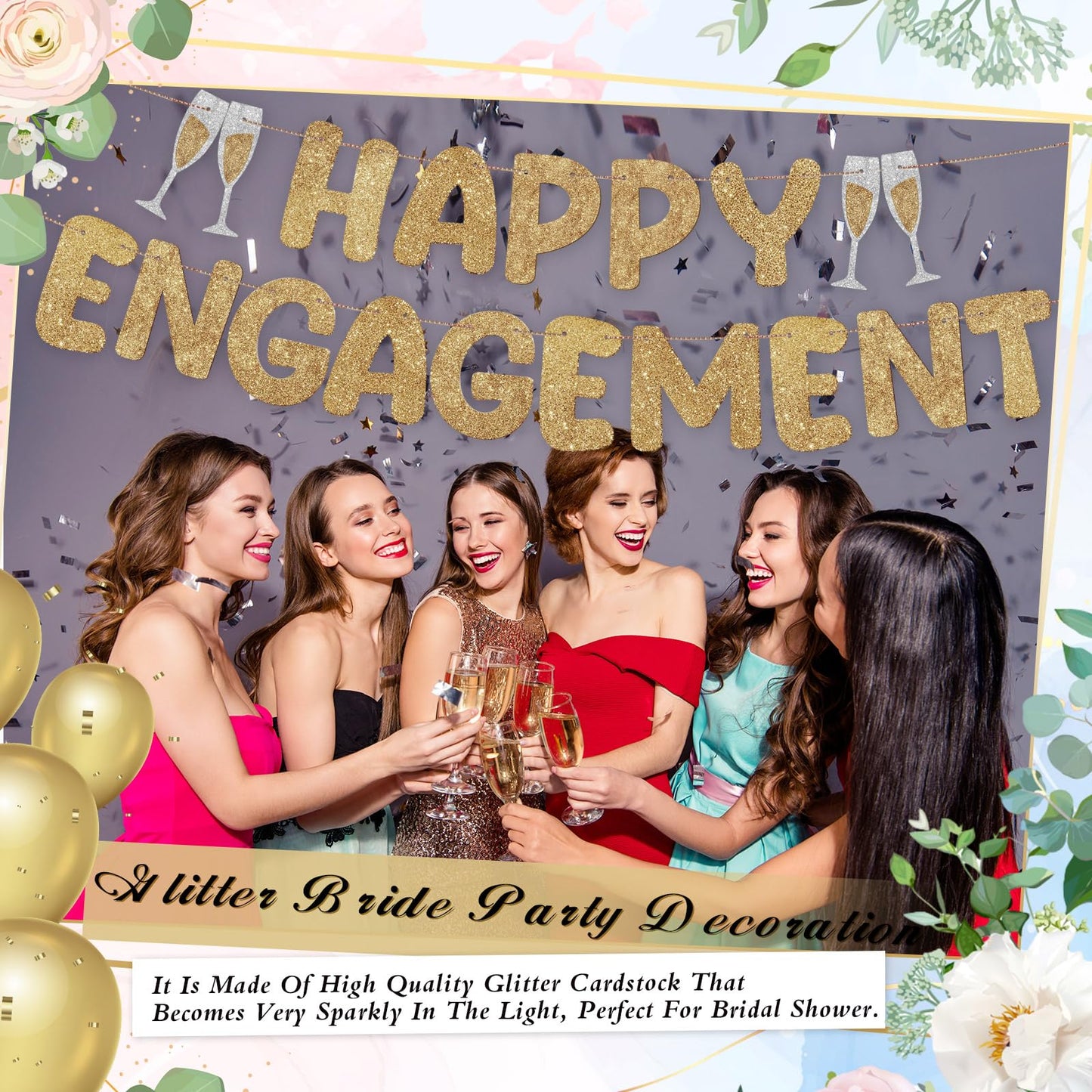 Breling Pre-Strung Glitter Happy Engagement Banner, Champagne Gold