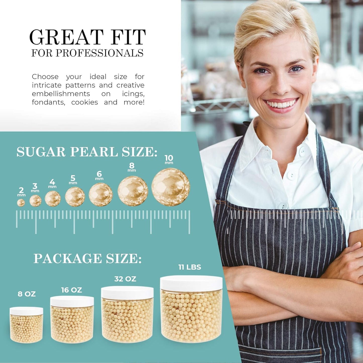 O'Creme Ivory Edible Sugar Pearls Cake Decorating Supplies for Bakers: Cookie, Cupcake & Icing Toppings, Beads Sprinkles For Baking, Certified, Candy Sugar Ball Accents (4mm, 16 Oz)