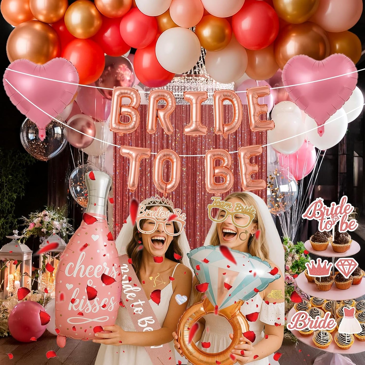 168PCS Bridal Shower Decorations Kit – Rose Gold Bachelorette Party Supplies with Bride To Be Foil Balloon, Shoulder Sash, Veil, Crown, Balloons, Props, Fringe Curtains, Tattoos, Cake Toppers